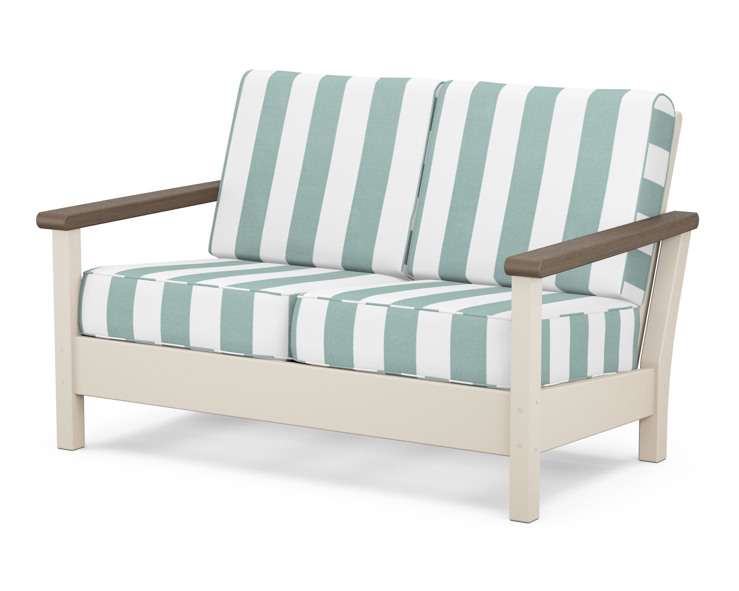 Harbour Deep Seating Loveseat in Sand / Kona / Cabana Stripe Glacier Spa