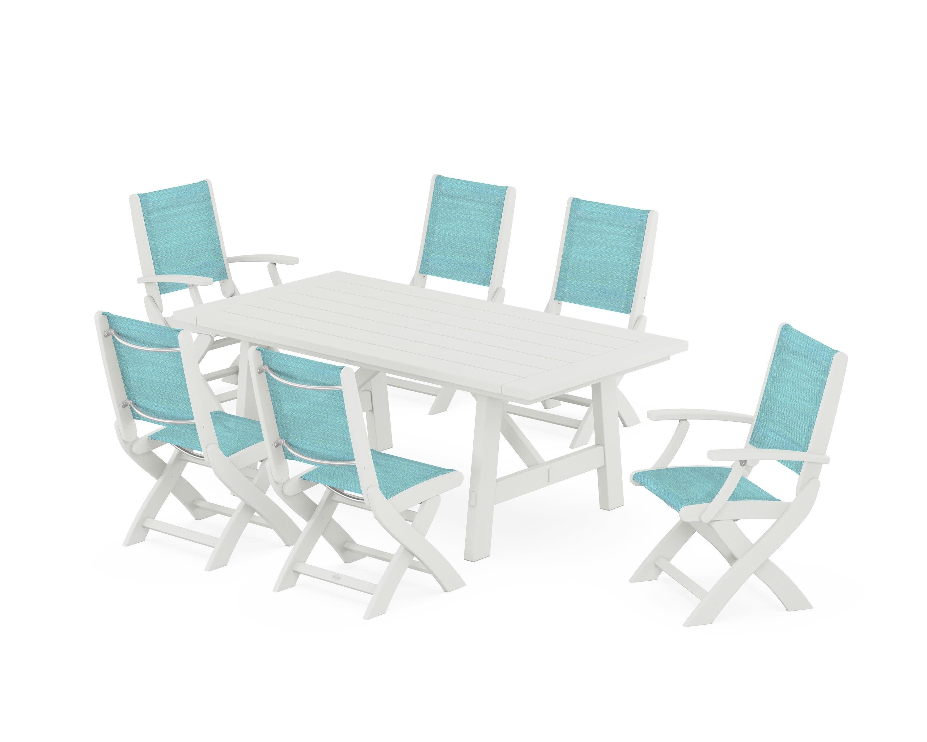 Coastal Folding Chair 7-Piece Rustic Farmhouse Dining Set in Vintage White / Dupioni Aquamarine Sling