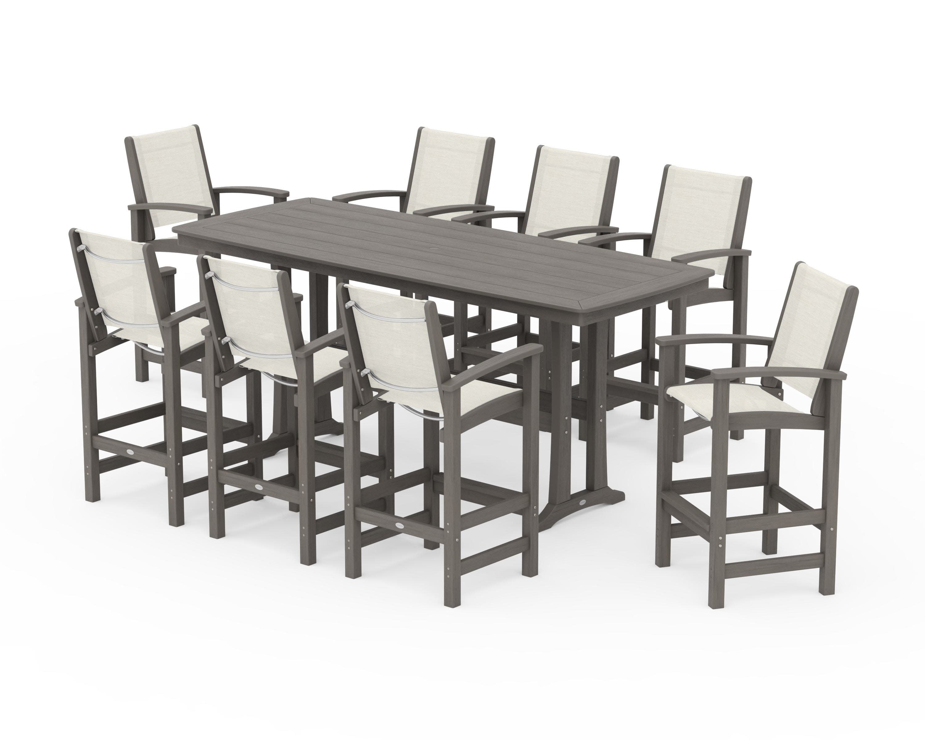 Coastal 9-Piece Bar Set with Trestle Legs in Driftwood / Parchment Sling