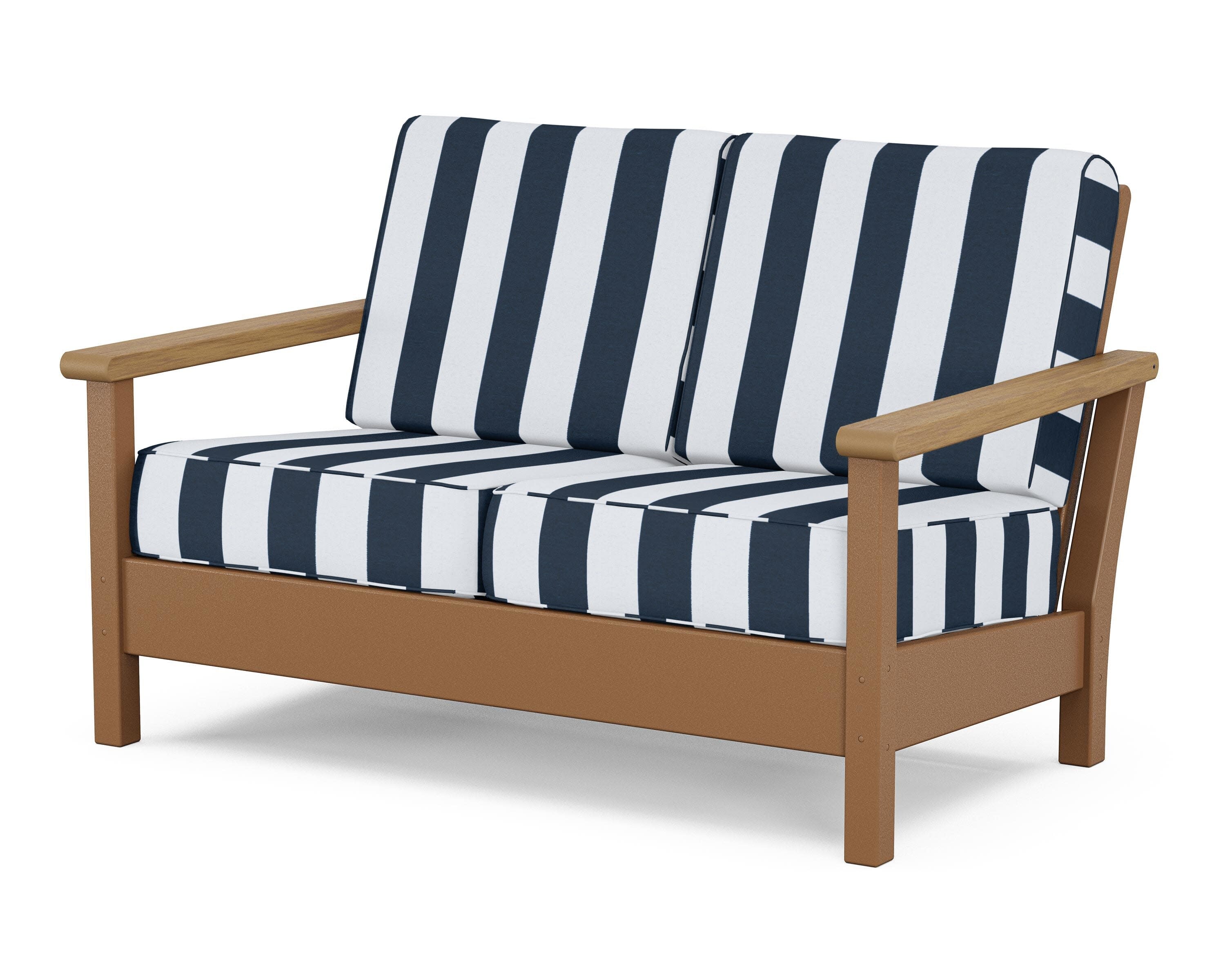 Harbour Deep Seating Loveseat in Teak / Natural / Cabana Stripe Marine Indigo