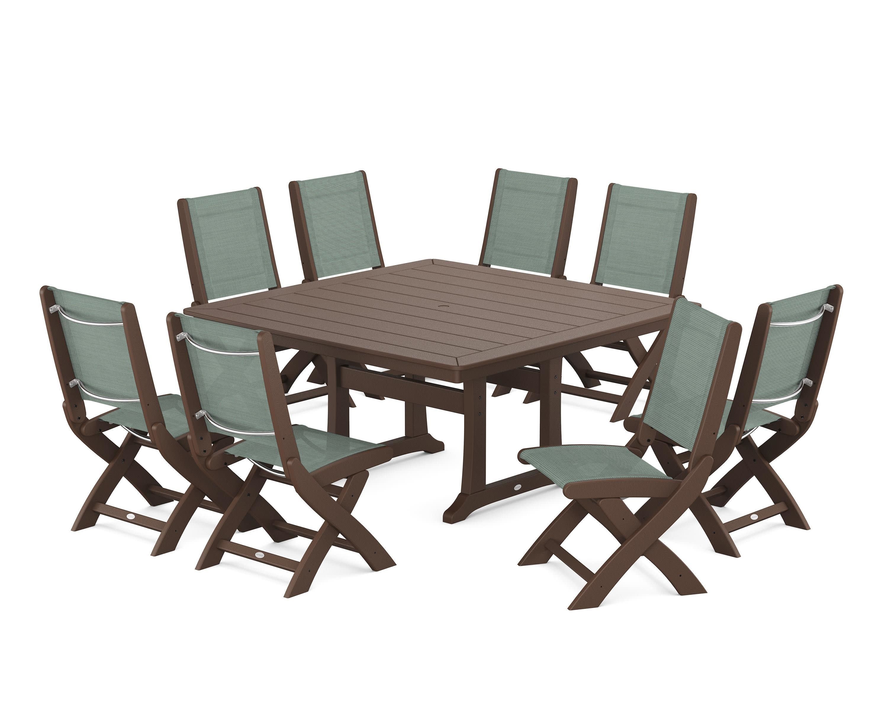 Coastal Folding Side Chair 9-Piece Dining Set with Trestle Legs in Mahogany / Dupioni Sea Mist Sling