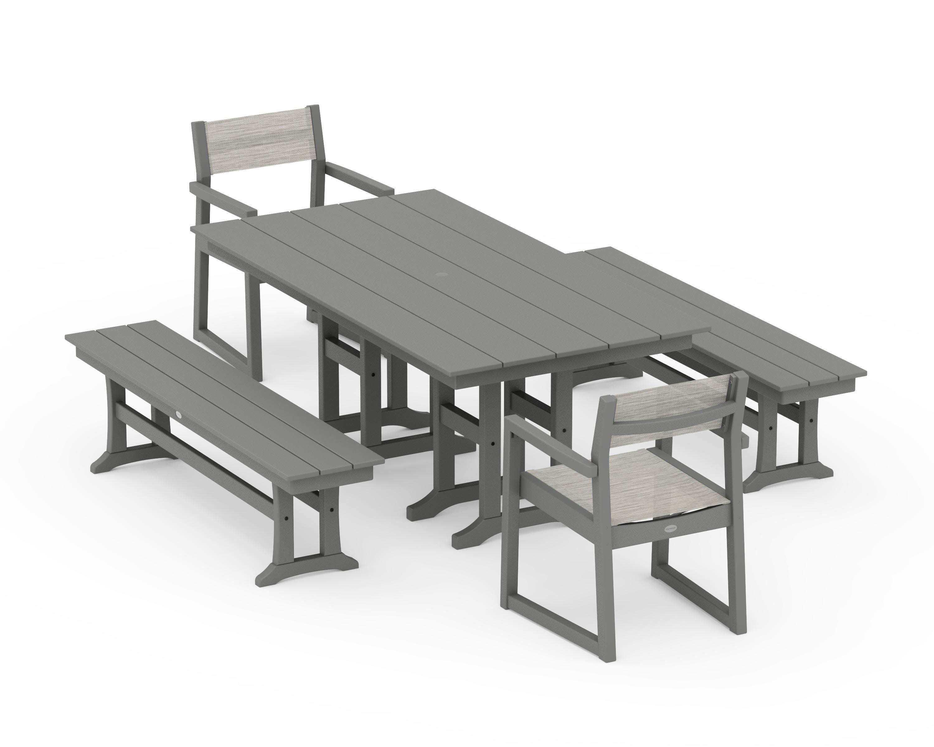 EDGE Sling Arm Chair 5-Piece Farmhouse Dining Set with Benches in Slate Grey / Birch Sling