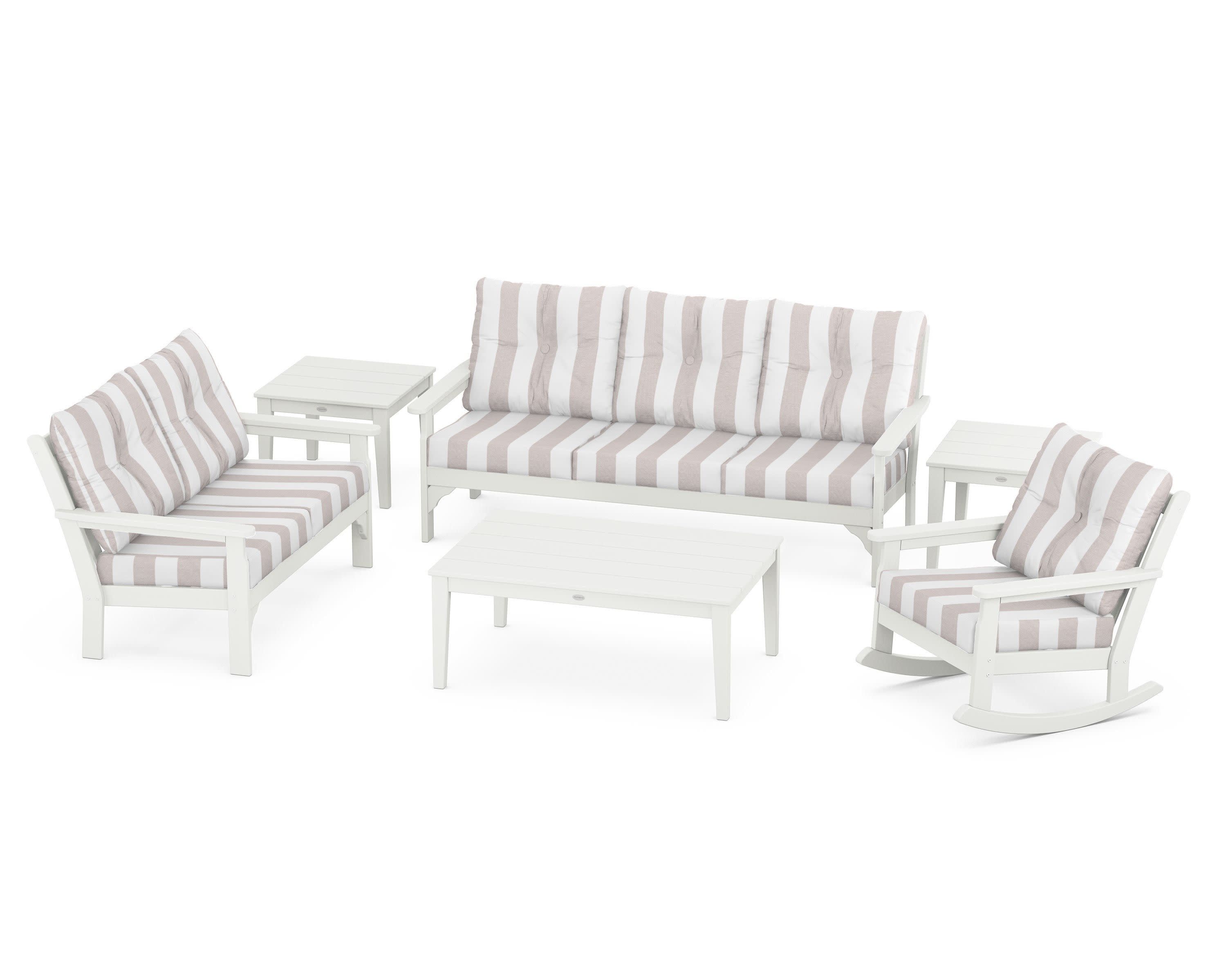 Vineyard 6-Piece Deep Seating Set in Vintage White / Cabana Stripe Dune Burlap