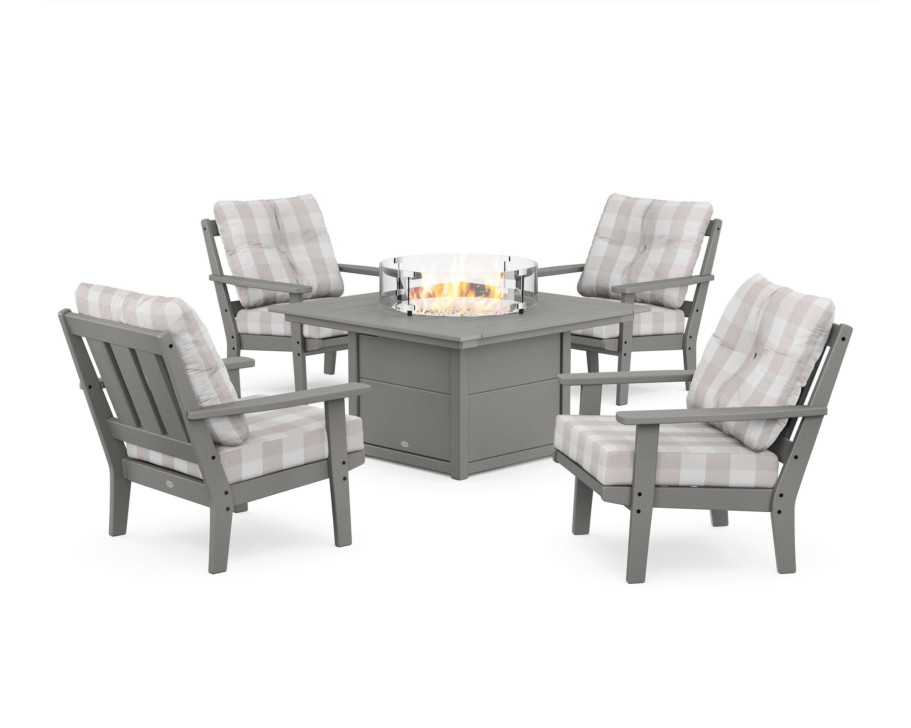 Oxford 5-Piece Deep Seating Set with Fire Pit Table in Slate Grey / Buffalo Plaid Dune Burlap