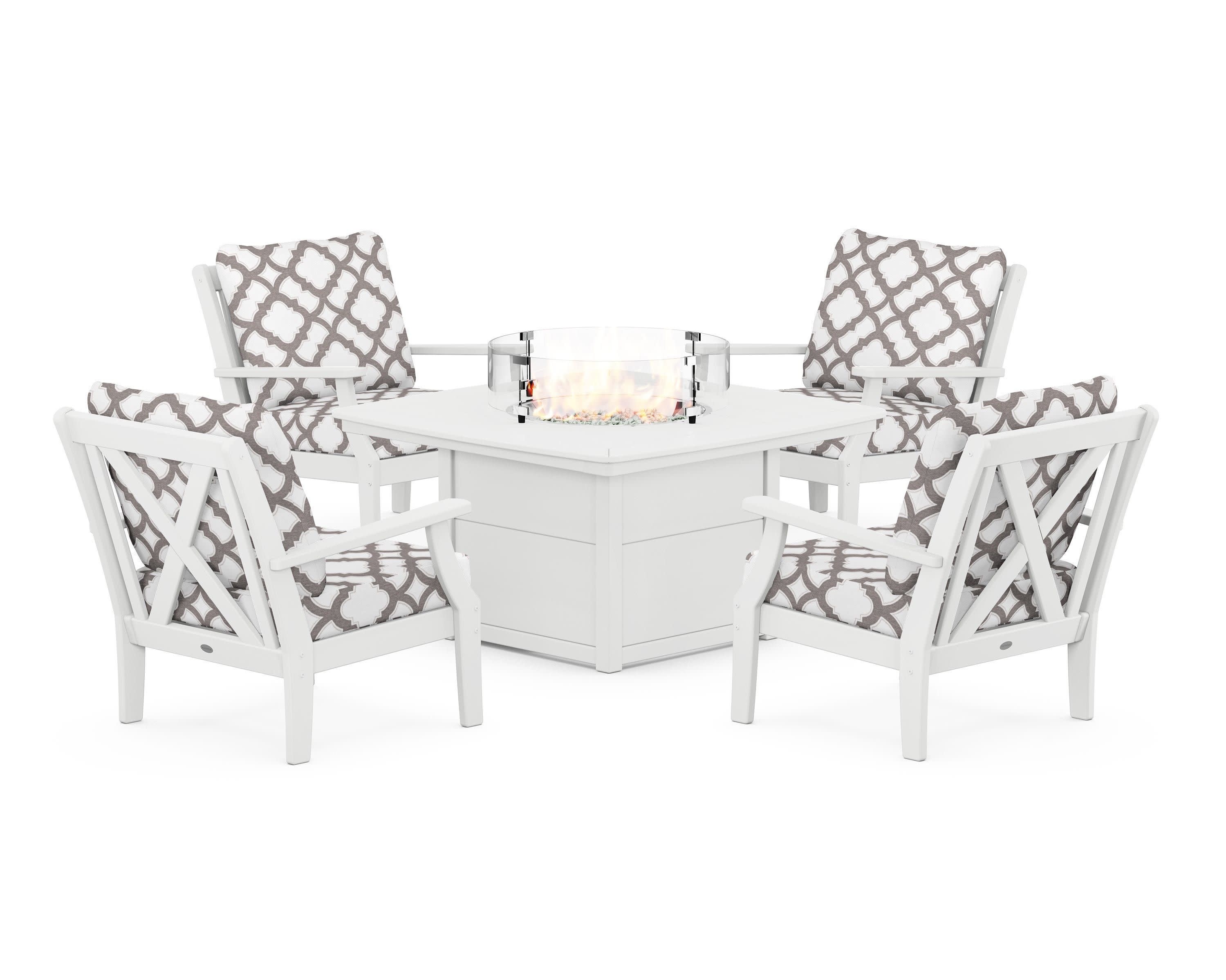 Braxton 5-Piece Deep Seating Conversation Set with Fire Pit Table in White / Trellis Grey Mist