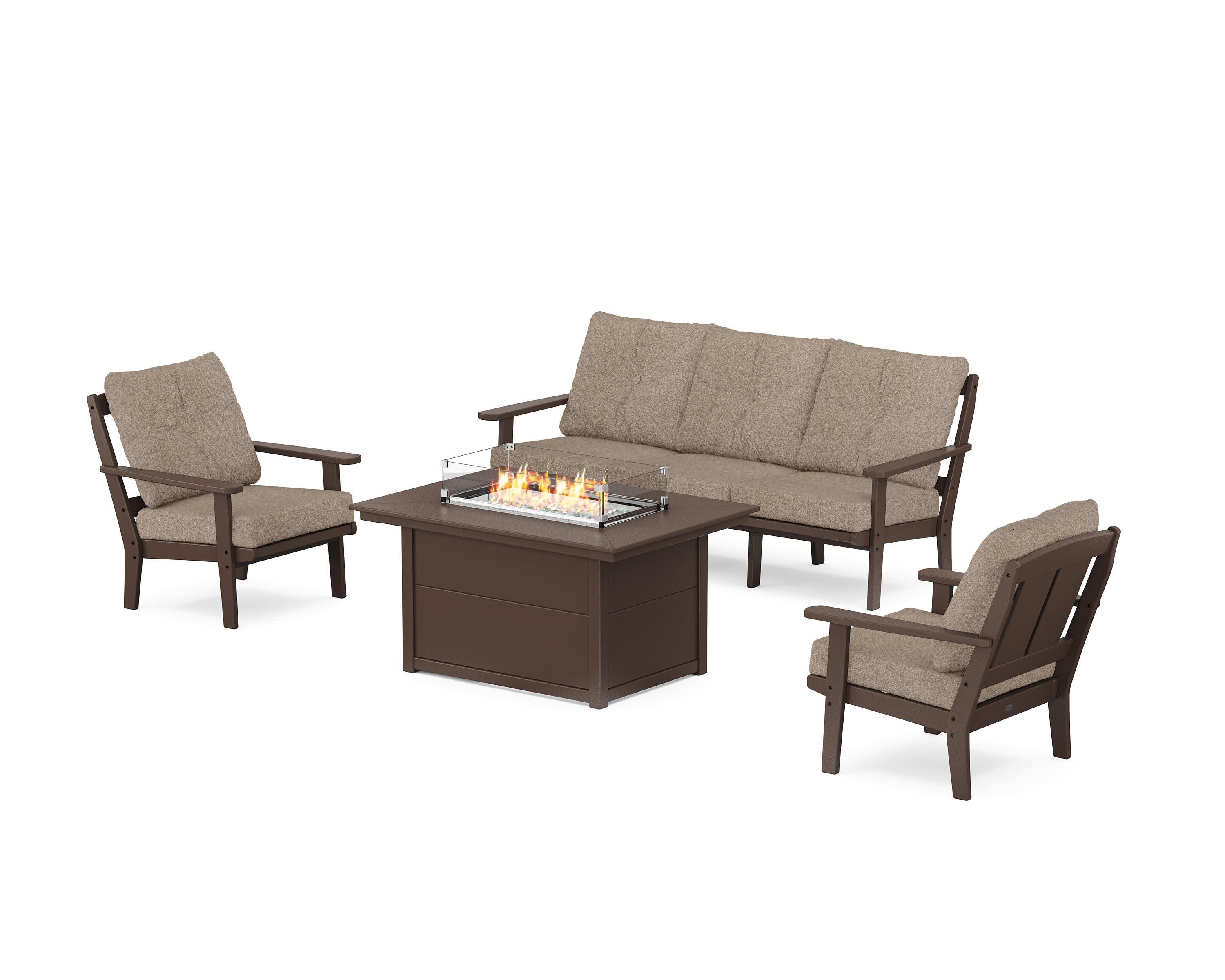 Mission Deep Seating Fire Pit Table Set in Mahogany / Spiced Burlap
