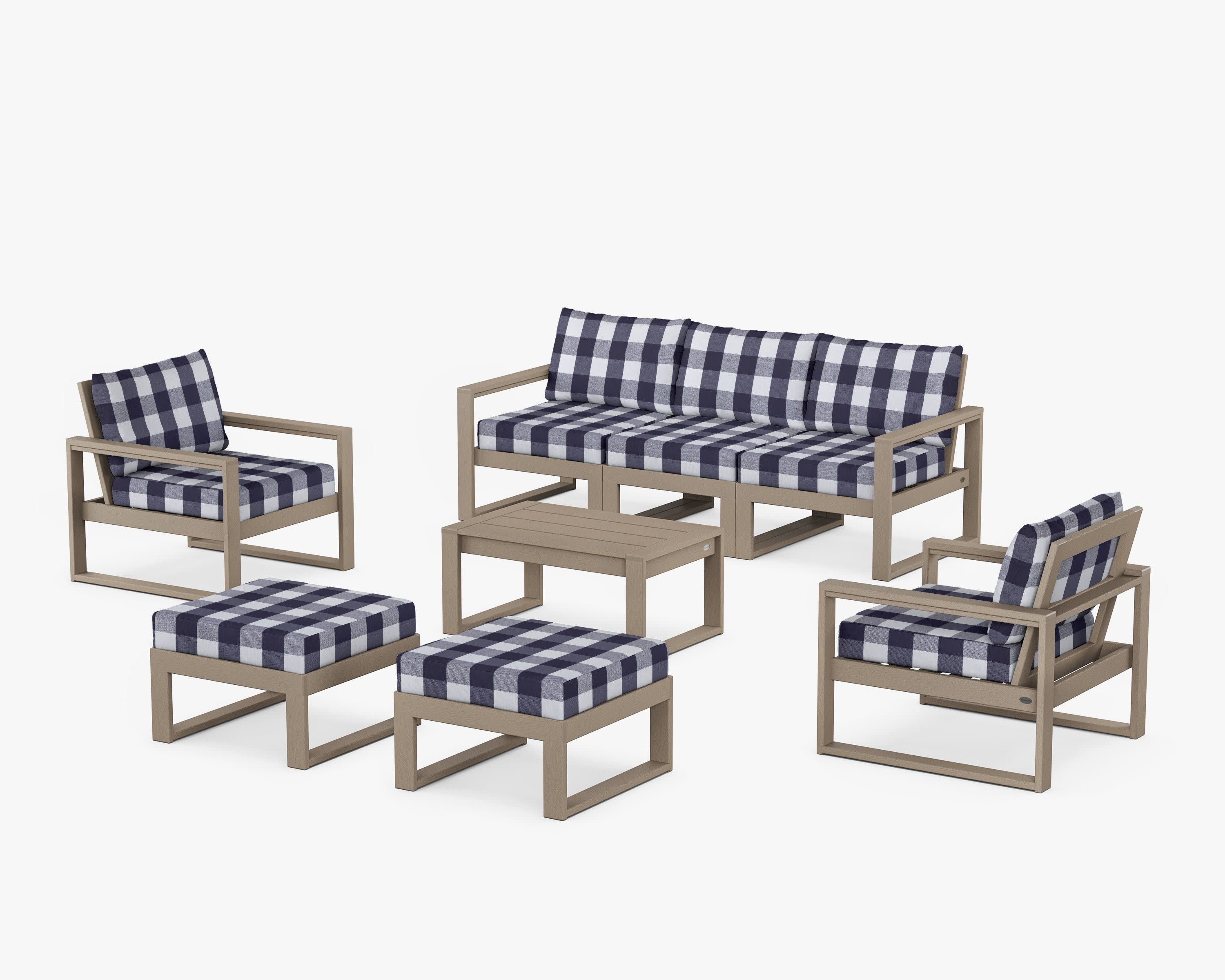 EDGE Sectional 8-Piece Lounge Sofa Set in Vintage Sahara / Buffalo Plaid Navy