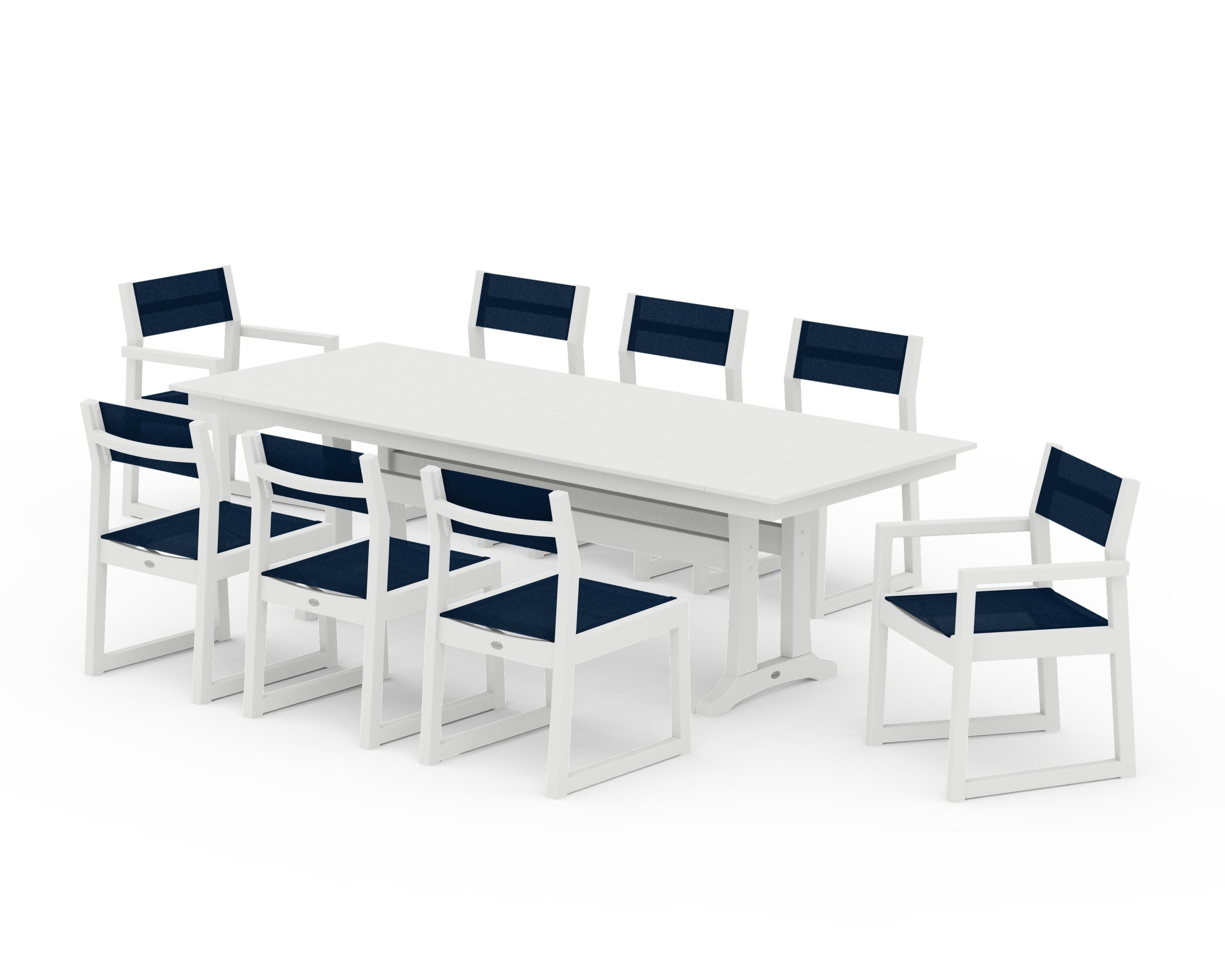 EDGE Sling 9-Piece Farmhouse Trestle Dining Set in Vintage White / Navy Blue Sling