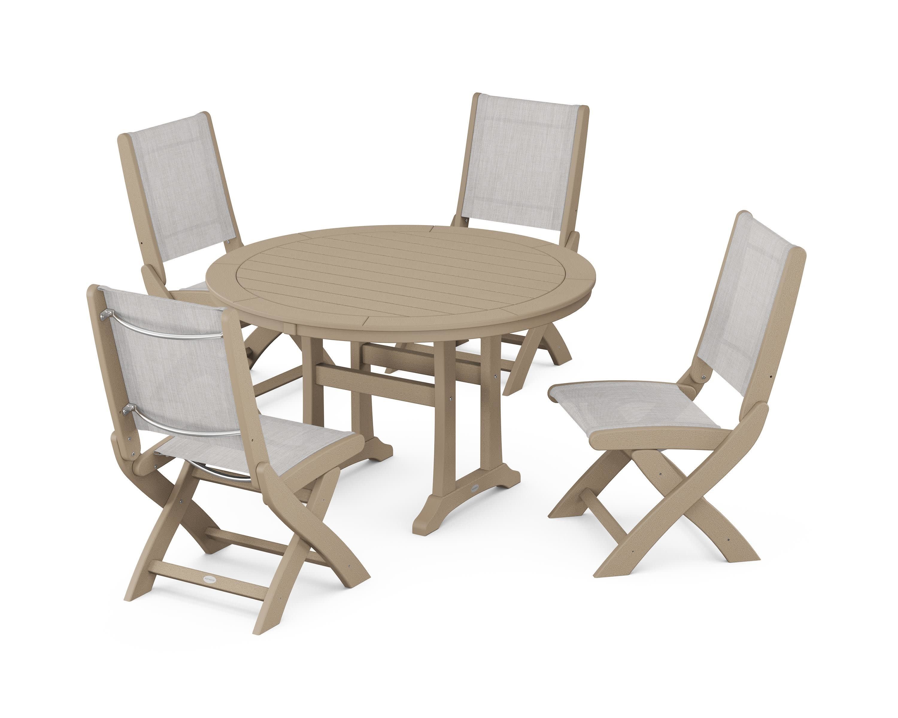 Coastal Folding Side Chair 5-Piece Round Dining Set With Trestle Legs in Vintage Sahara / Parchment Sling