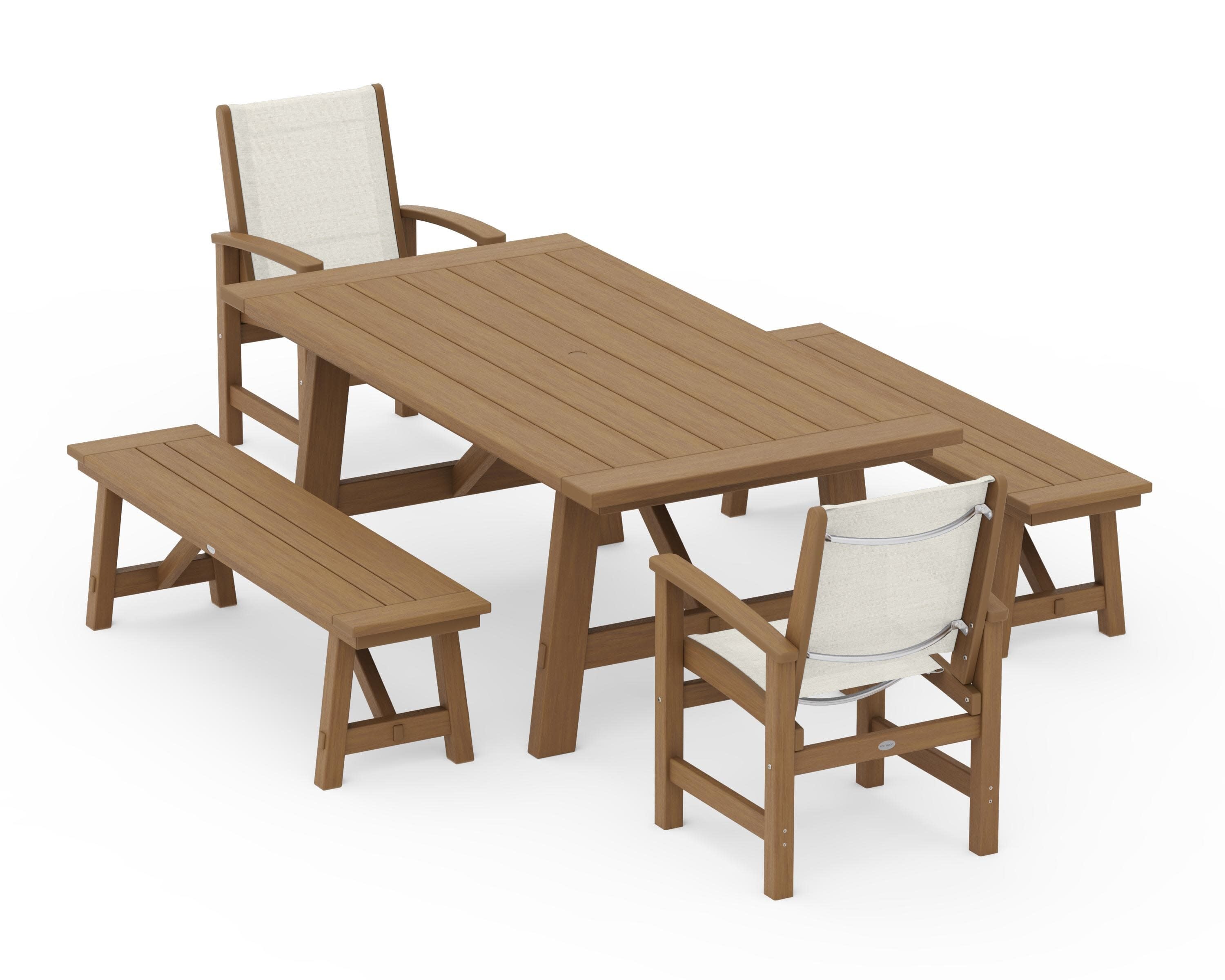 Coastal 5-Piece Rustic Farmhouse Dining Set With Benches in Natural / Parchment Sling