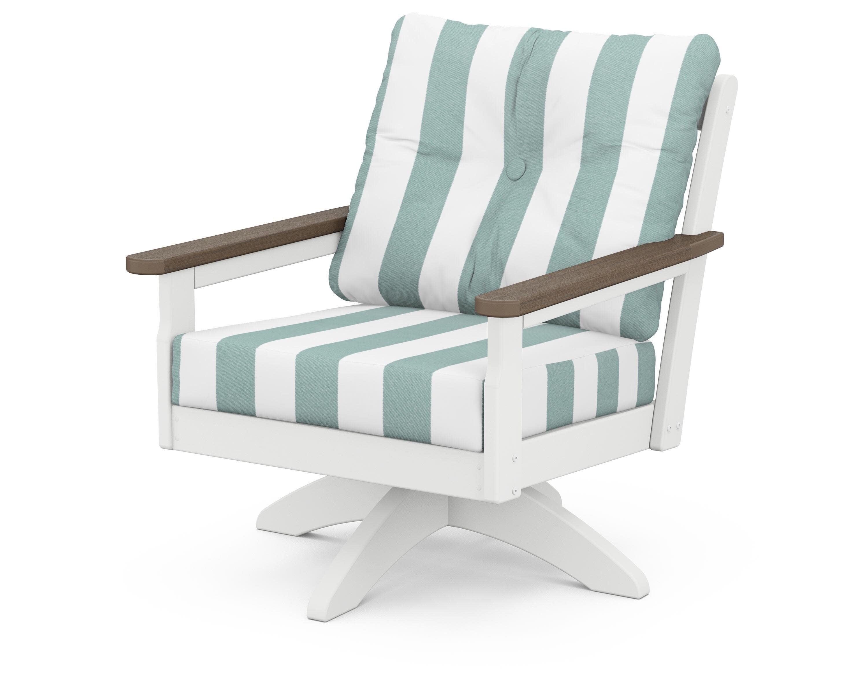 Vineyard Deep Seating Swivel Chair in White / Kona / Cabana Stripe Glacier Spa