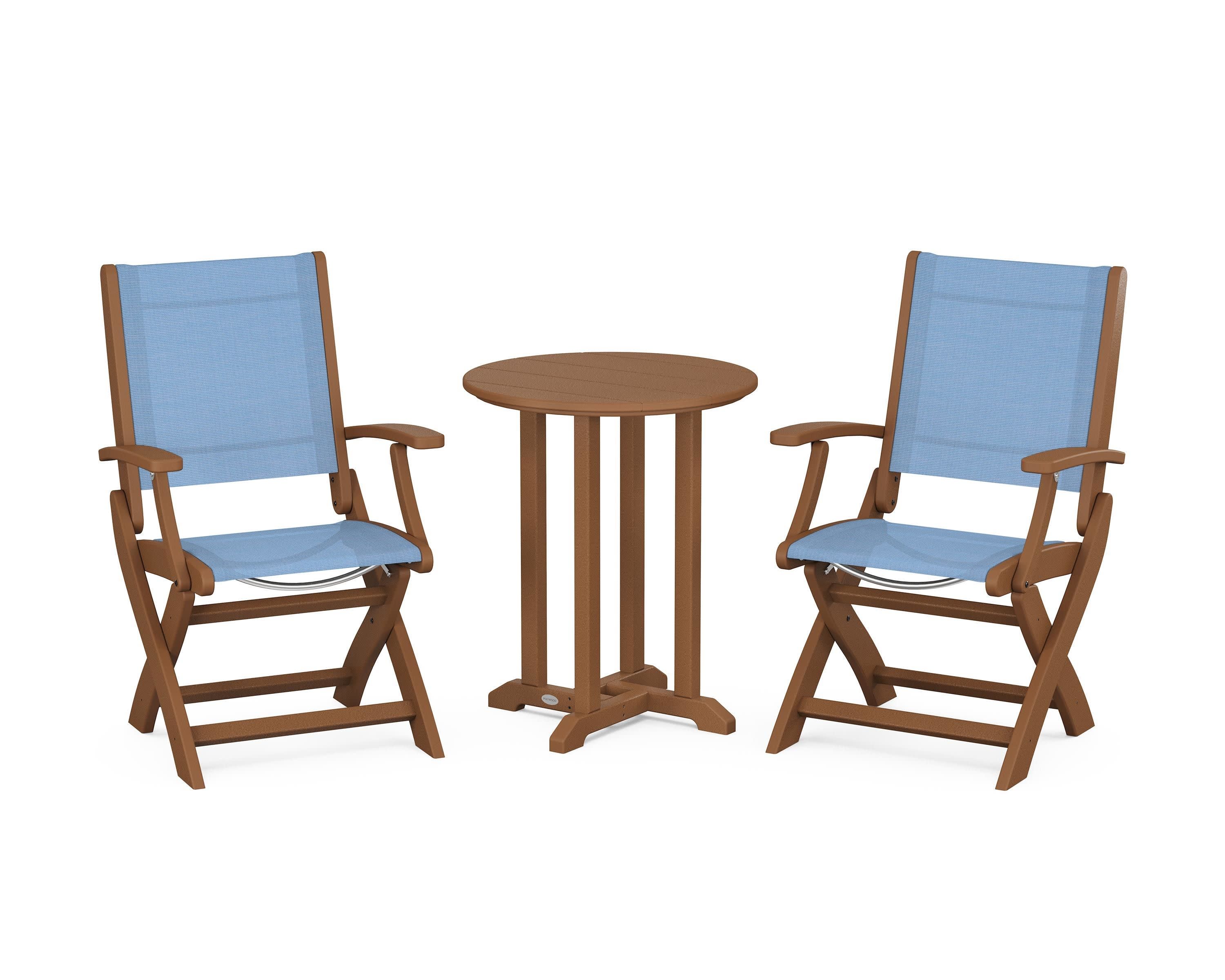 Coastal Folding 3-Piece Round Bistro Dining Set in Teak / Poolside Sling