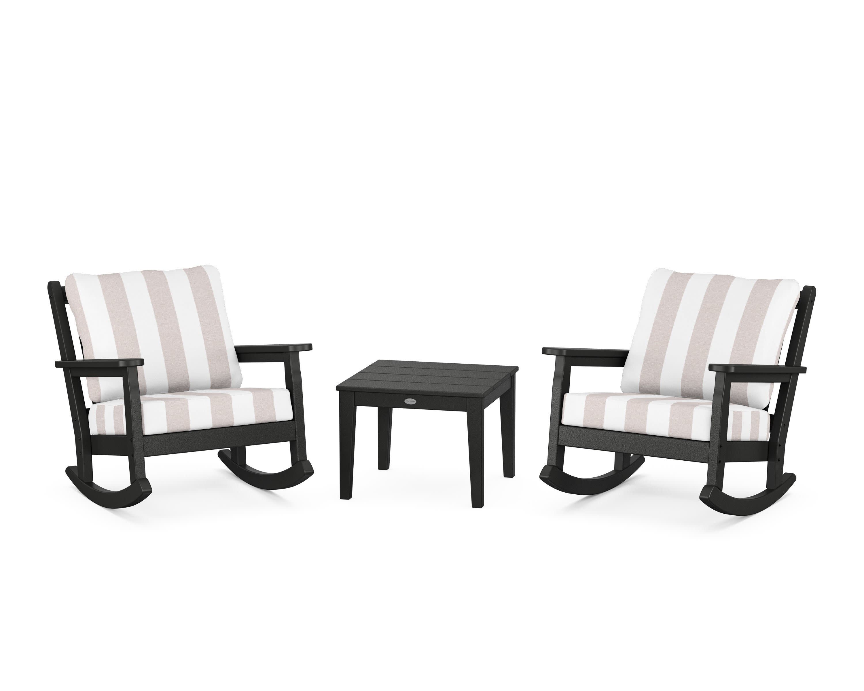 Chippendale 3-Piece Deep Seating Rocker Set in Black / Cabana Stripe Dune Burlap