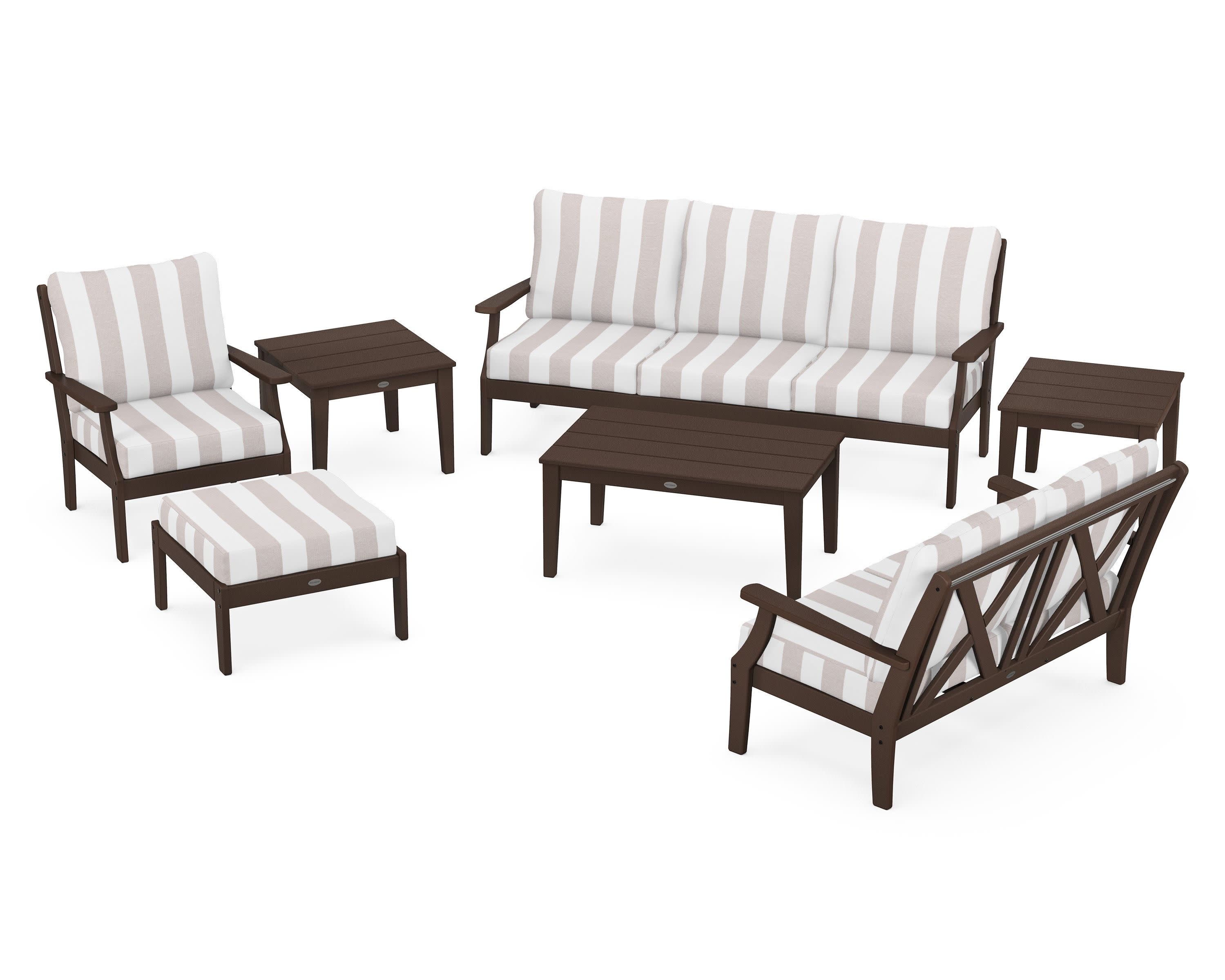 Braxton 7-Piece Deep Seating Set in Mahogany / Cabana Stripe Dune Burlap