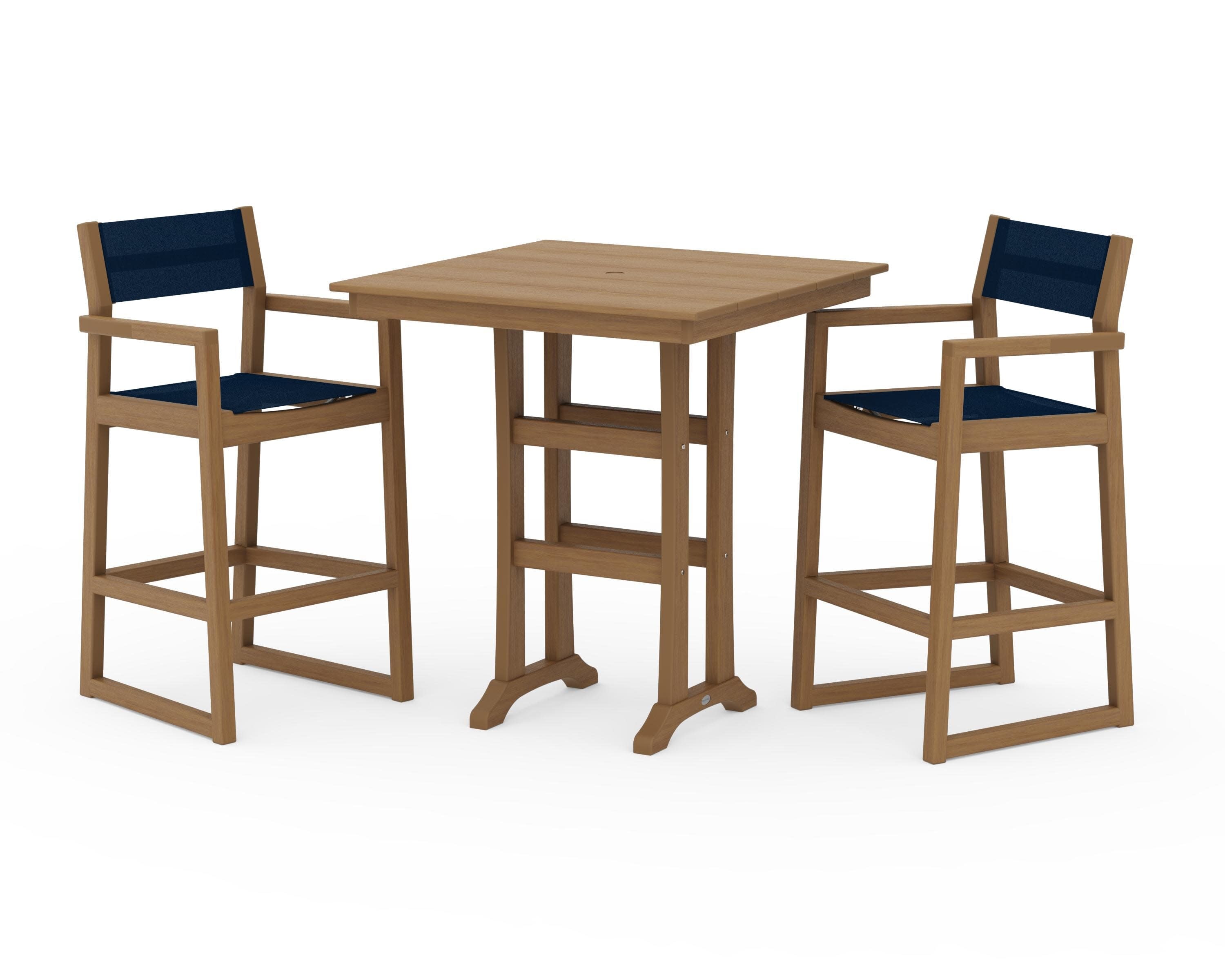 EDGE Sling Arm Chair 3-Piece Farmhouse Bar Set with Trestle Legs in Natural / Navy Blue Sling