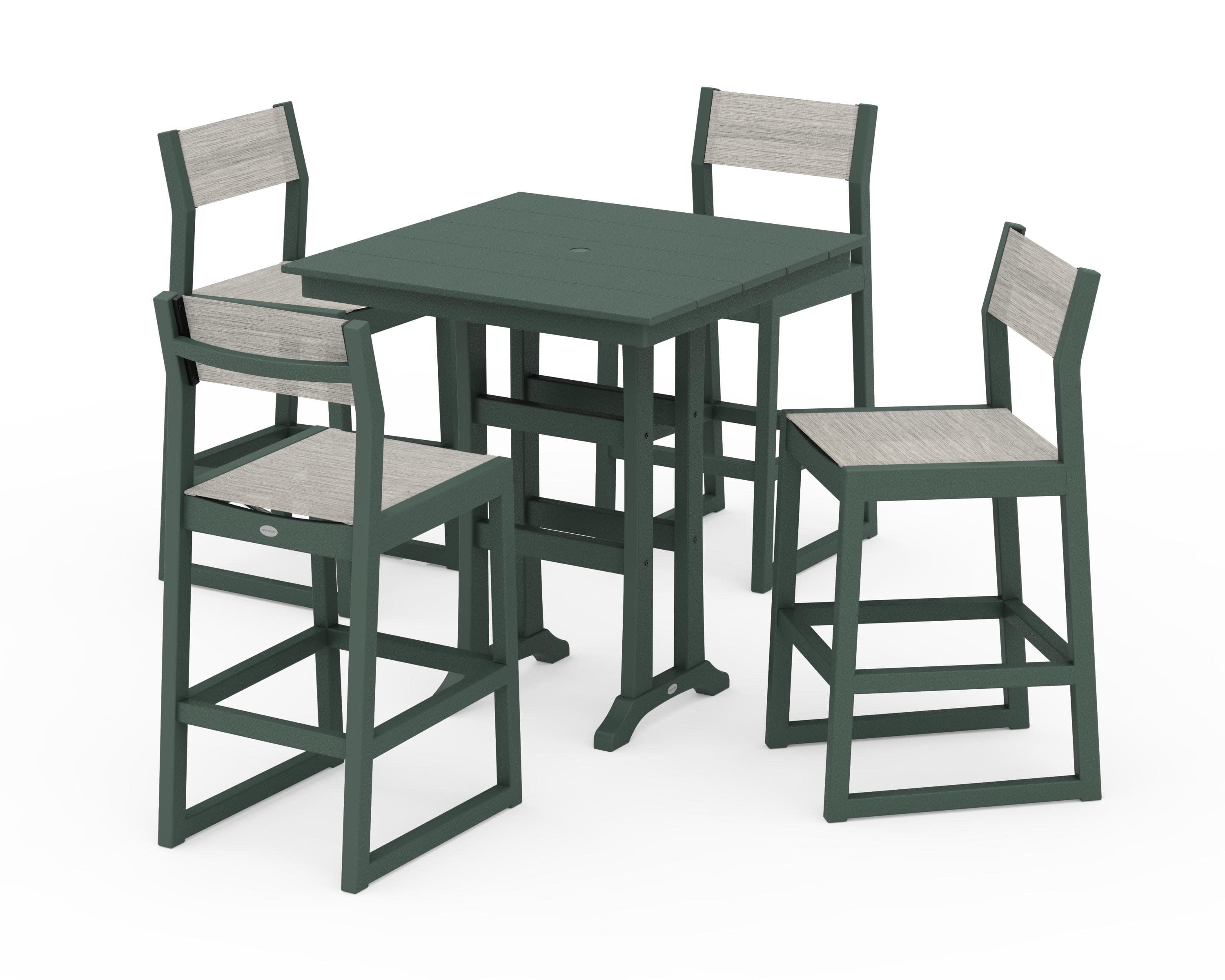 EDGE Sling Arm Chair 5-Piece Farmhouse Bar Set with Trestle Legs in Green / Birch Sling