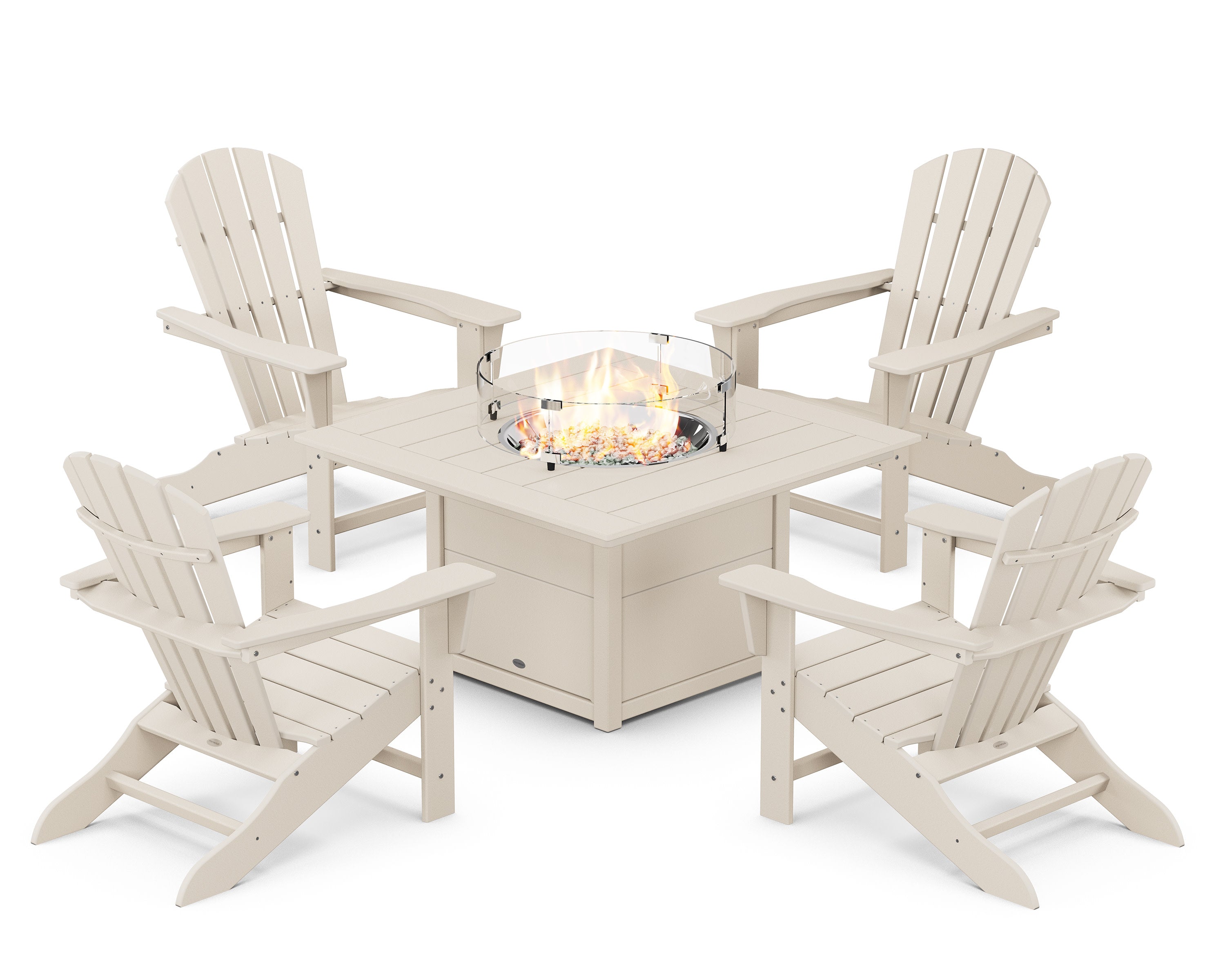 Palm Coast 5-Piece Adirondack Chair Conversation Set with Fire Pit Table in Sand