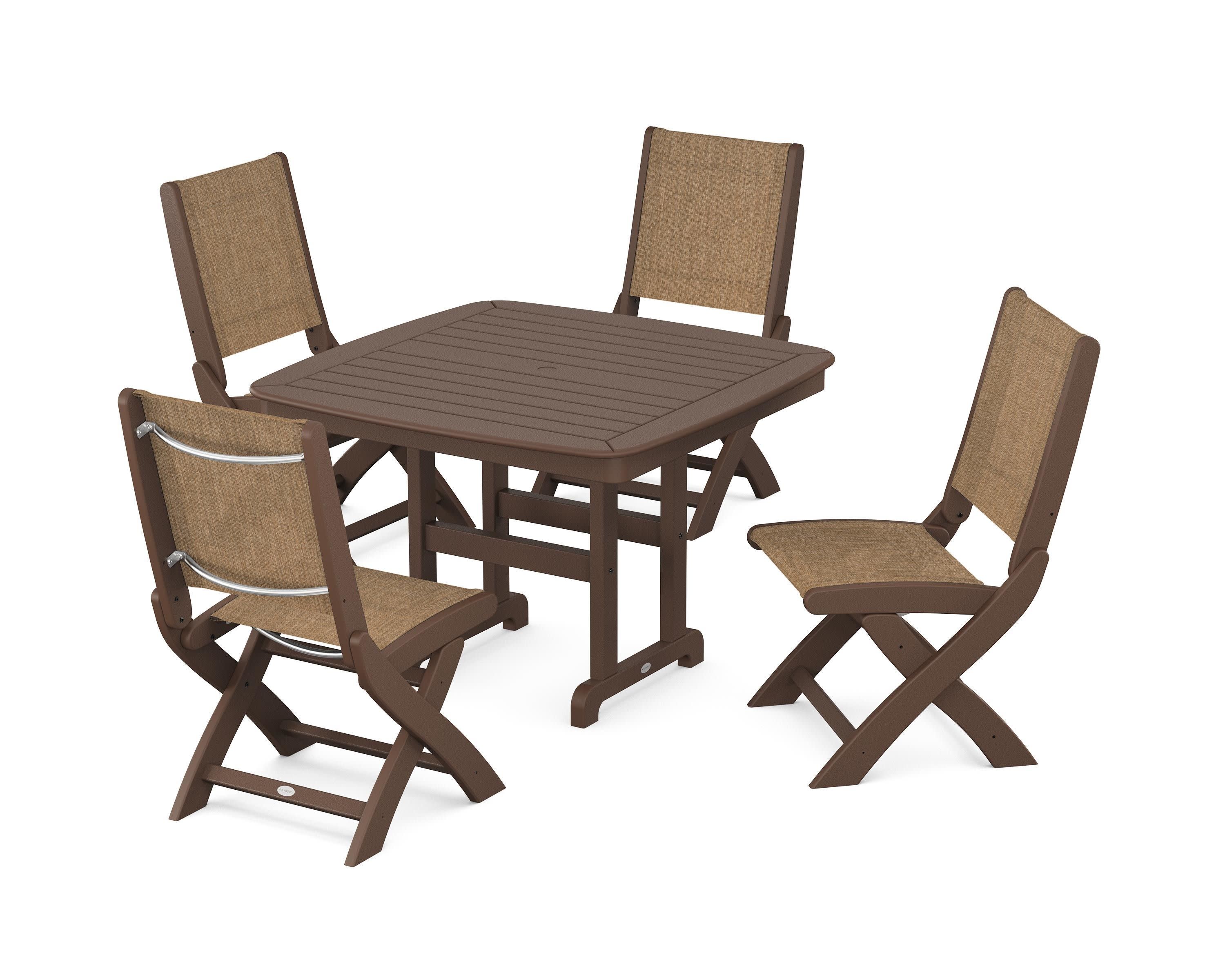 Coastal Folding Side Chair 5-Piece Dining Set in Mahogany / Burlap Sling