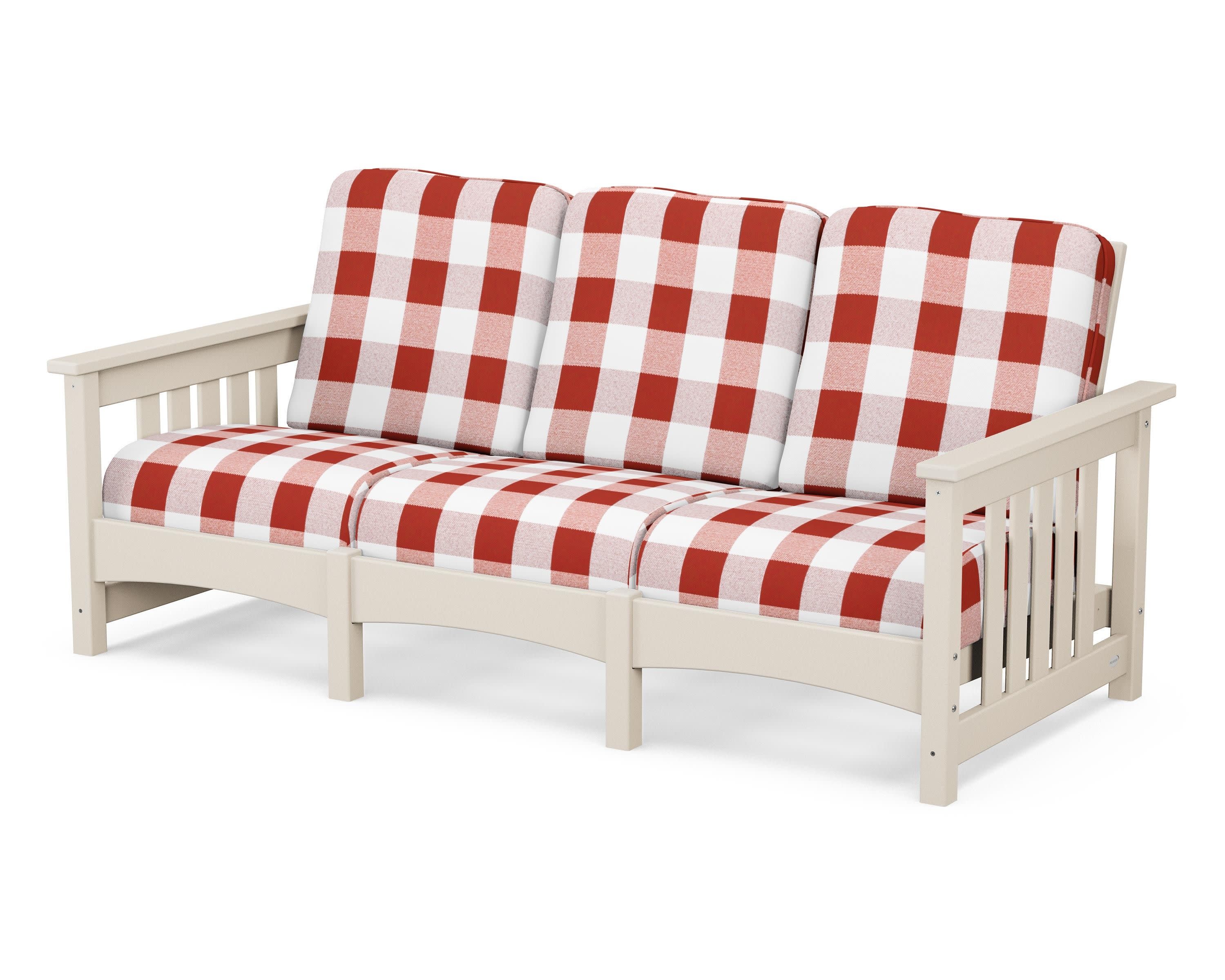 Club Mission Sofa in Sand / Buffalo Plaid Crimson