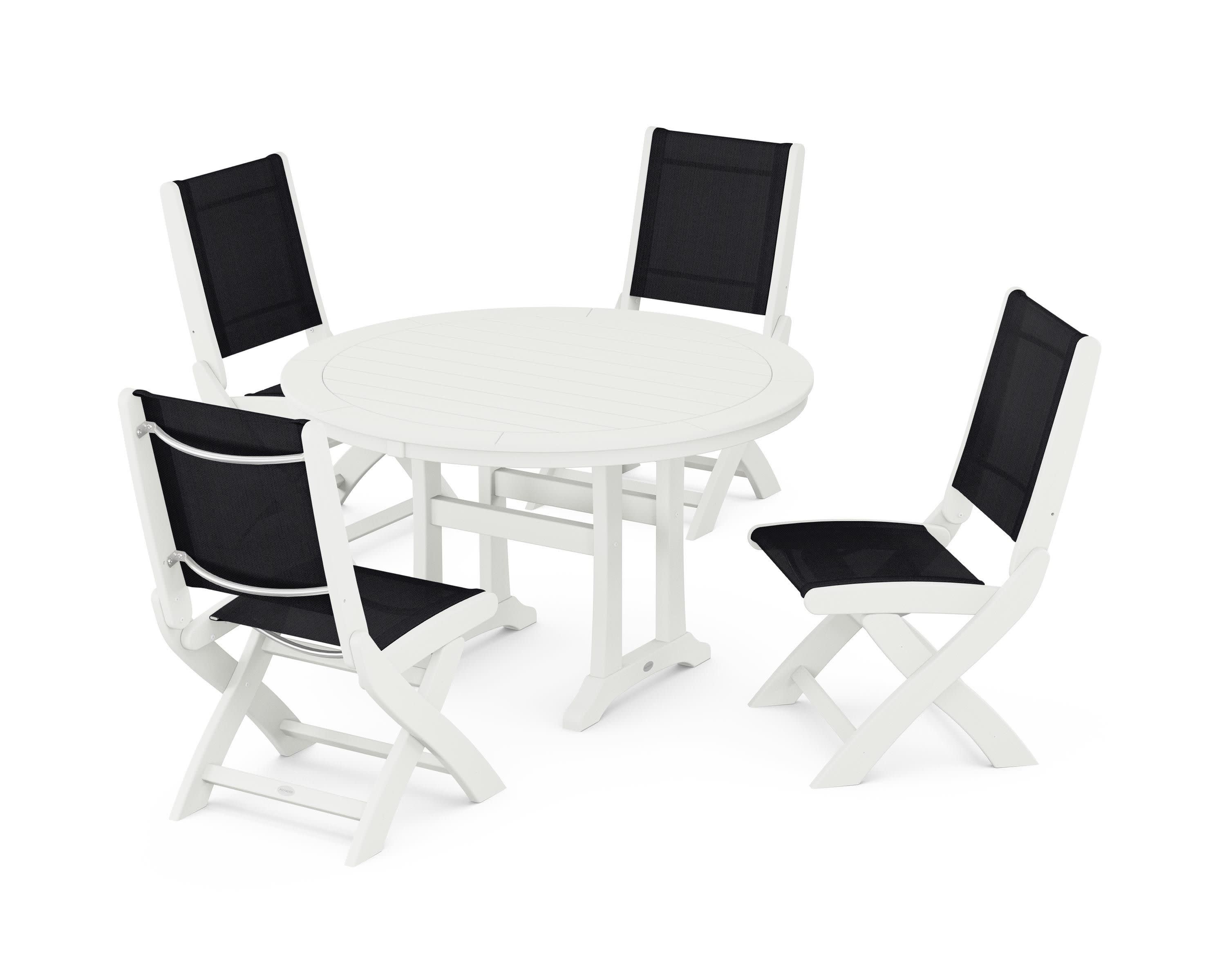 Coastal Folding Side Chair 5-Piece Round Dining Set With Trestle Legs in Vintage White / Black Sling