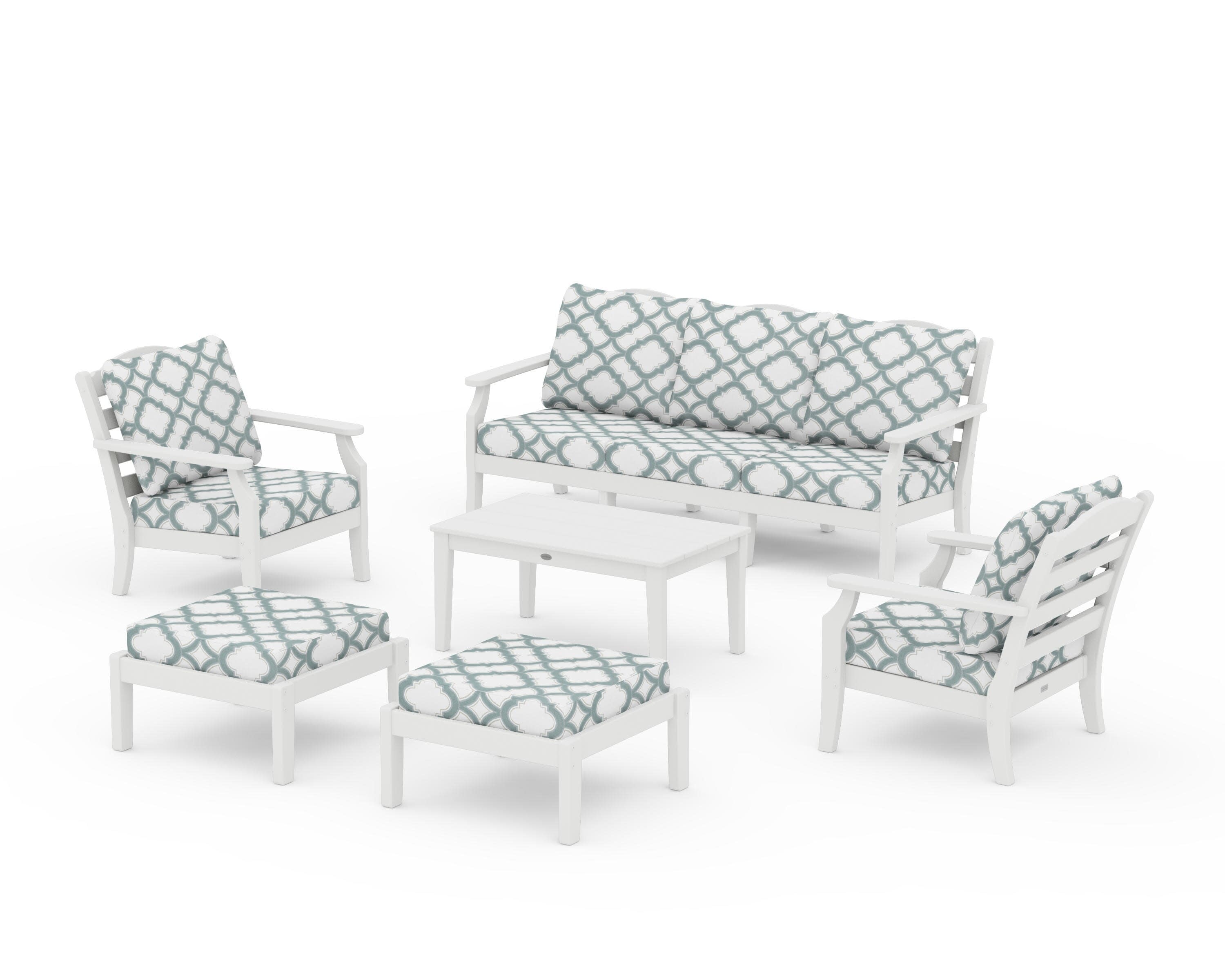 Savannah 6-Piece Lounge Sofa Set in Vintage White / Trellis Glacier Spa