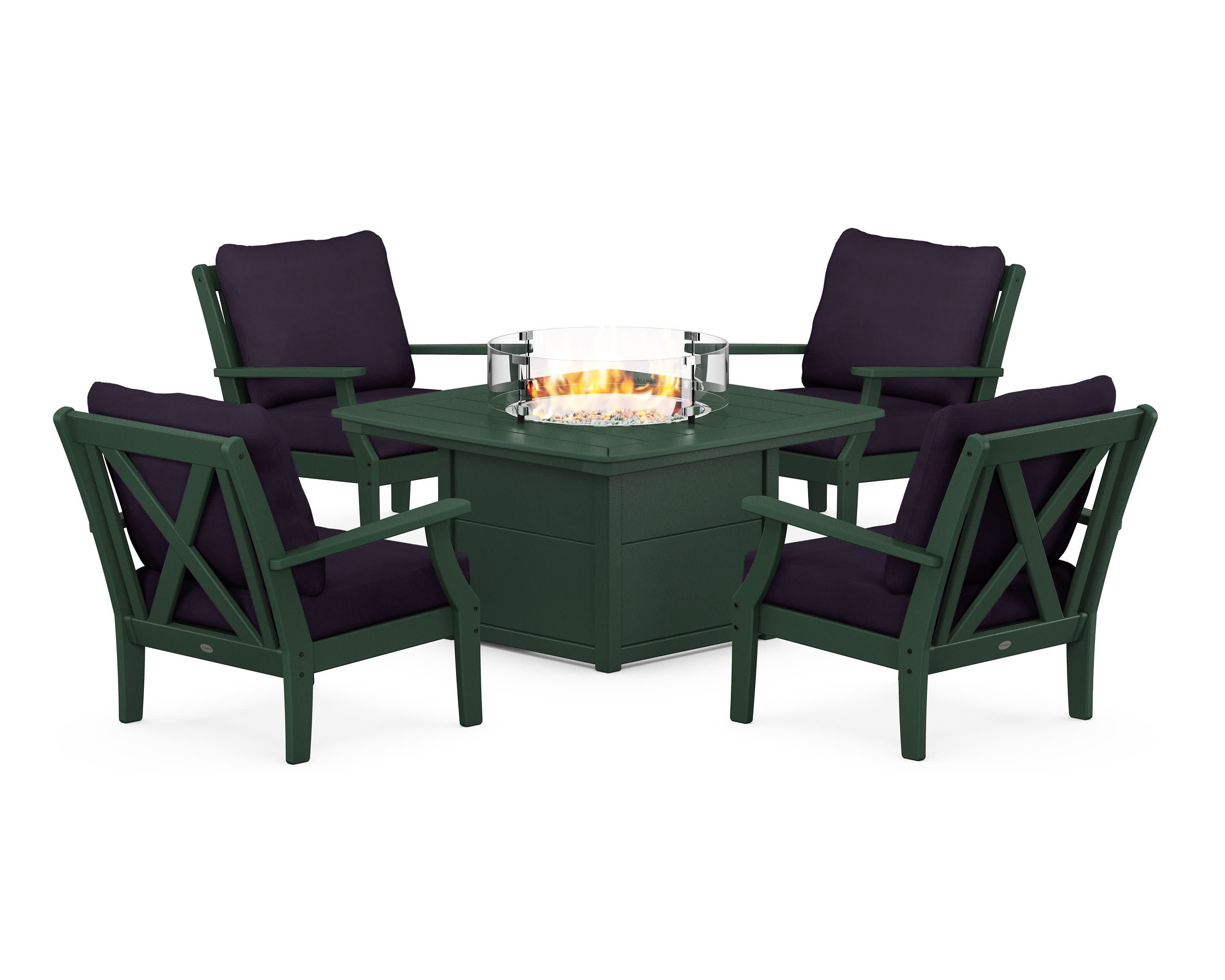 Braxton 5-Piece Deep Seating Conversation Set with Fire Pit Table in Green / Navy Linen