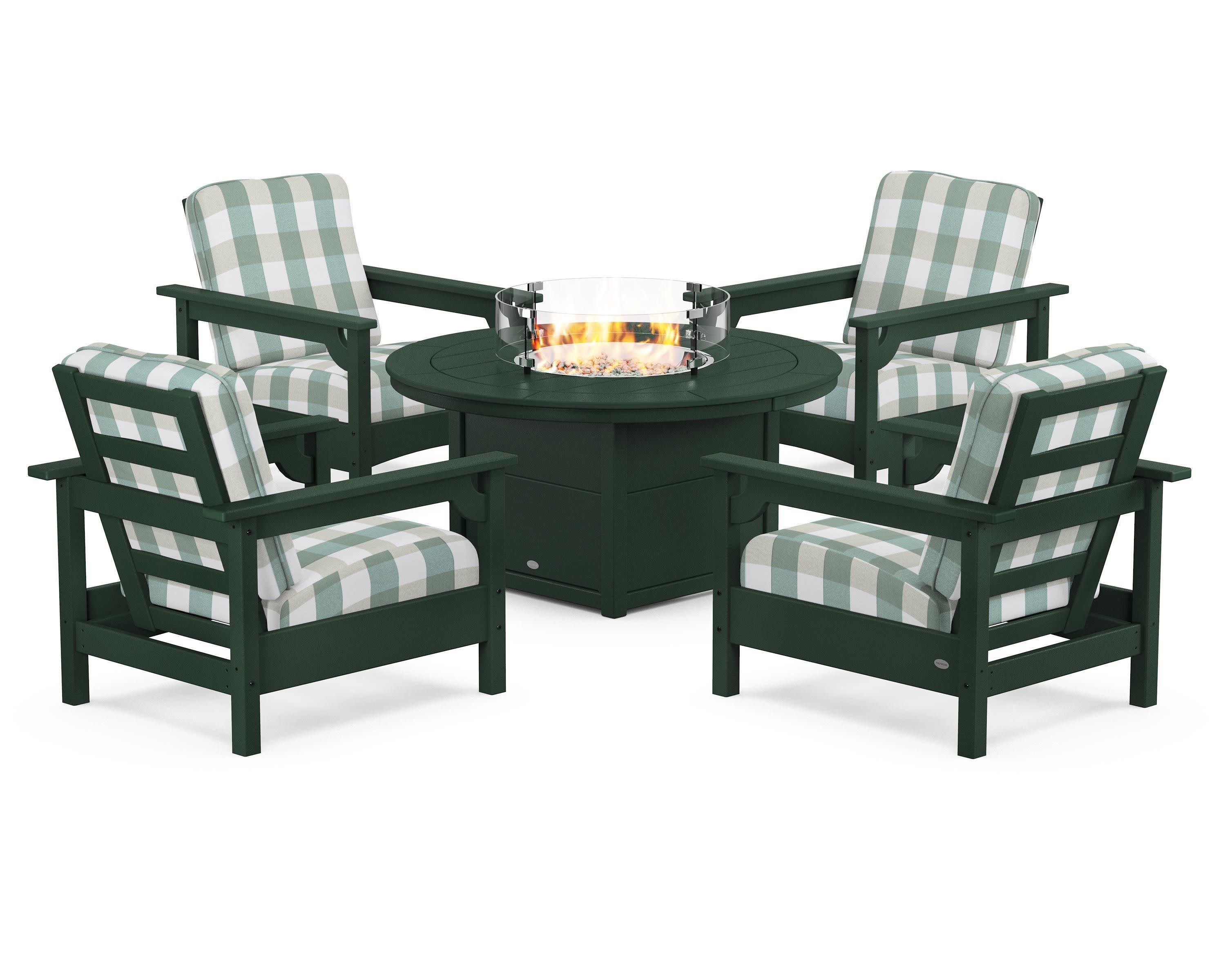 Club 5-Piece Conversation Set with Fire Pit Table in Green / Buffalo Plaid Glacier Spa