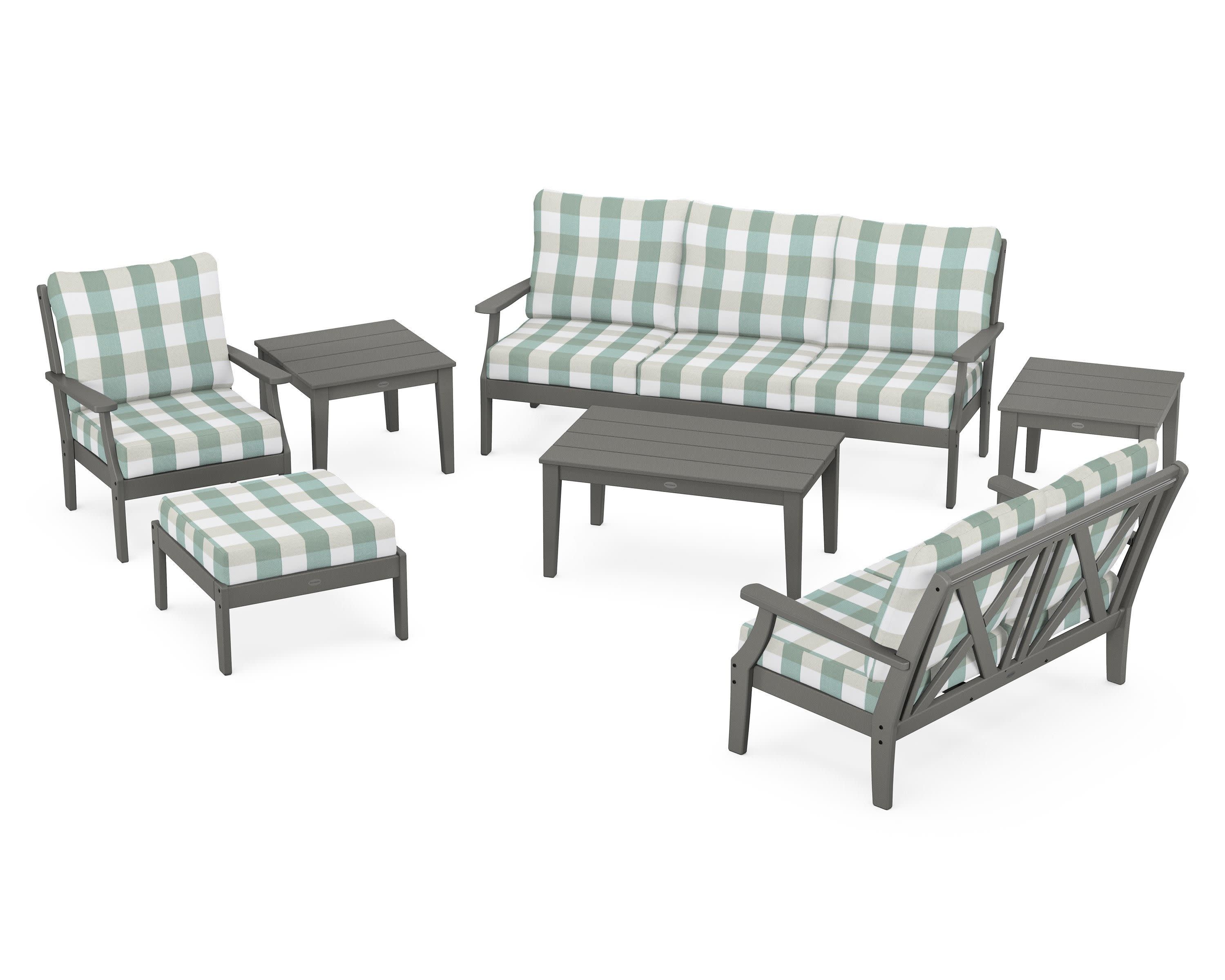 Braxton 7-Piece Deep Seating Set in Slate Grey / Buffalo Plaid Glacier Spa