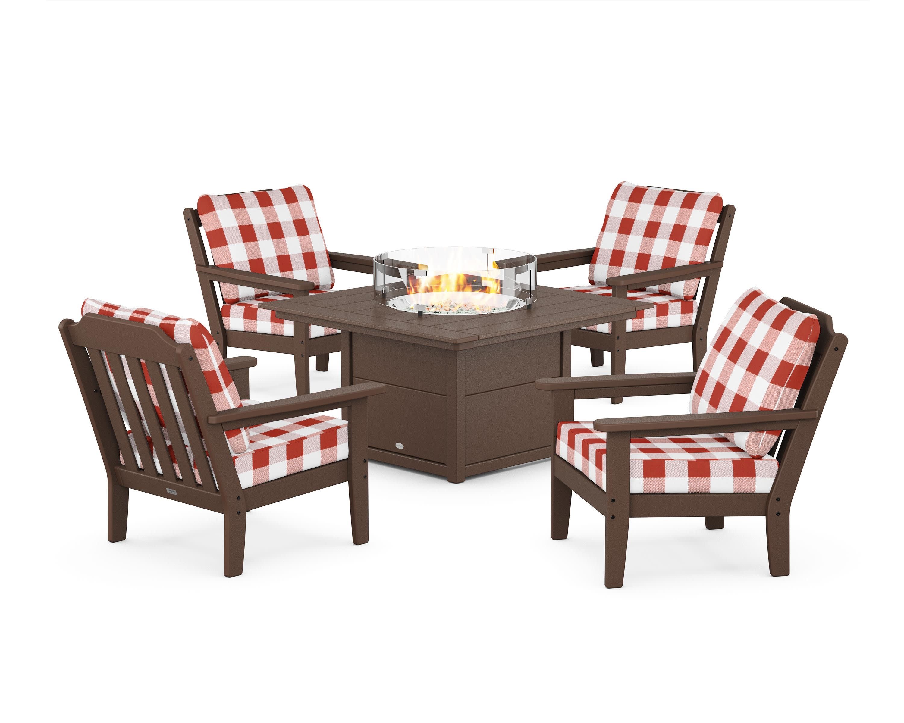 Cottage 5-Piece Deep Seating Set with Fire Pit Table in Mahogany / Buffalo Plaid Crimson