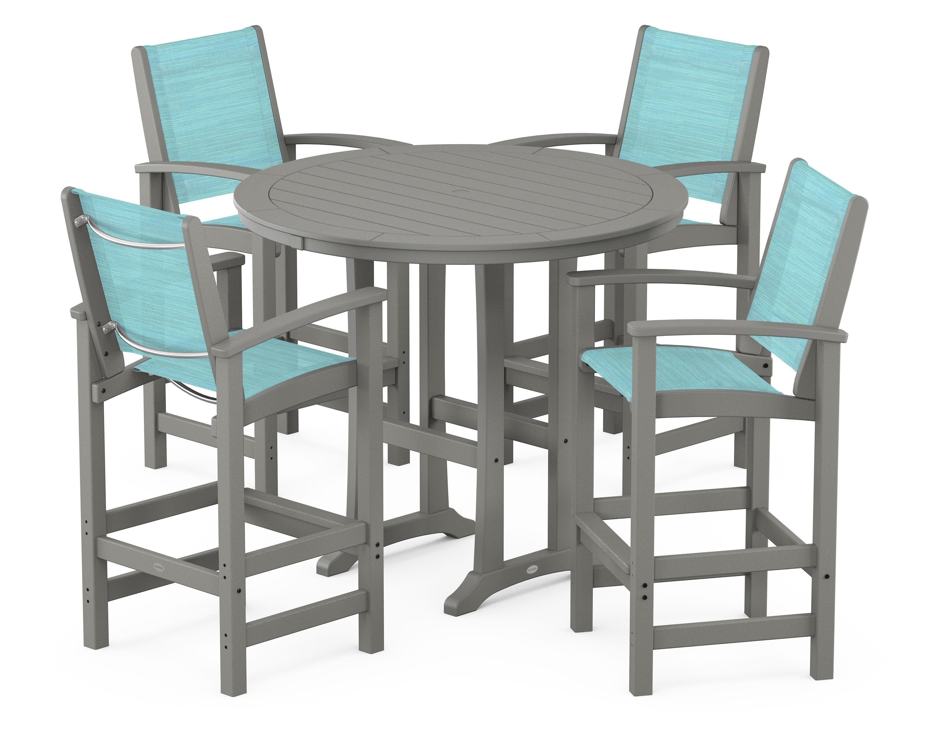 Coastal 5-Piece Nautical Trestle Bar Set in Slate Grey / Dupioni Aquamarine Sling