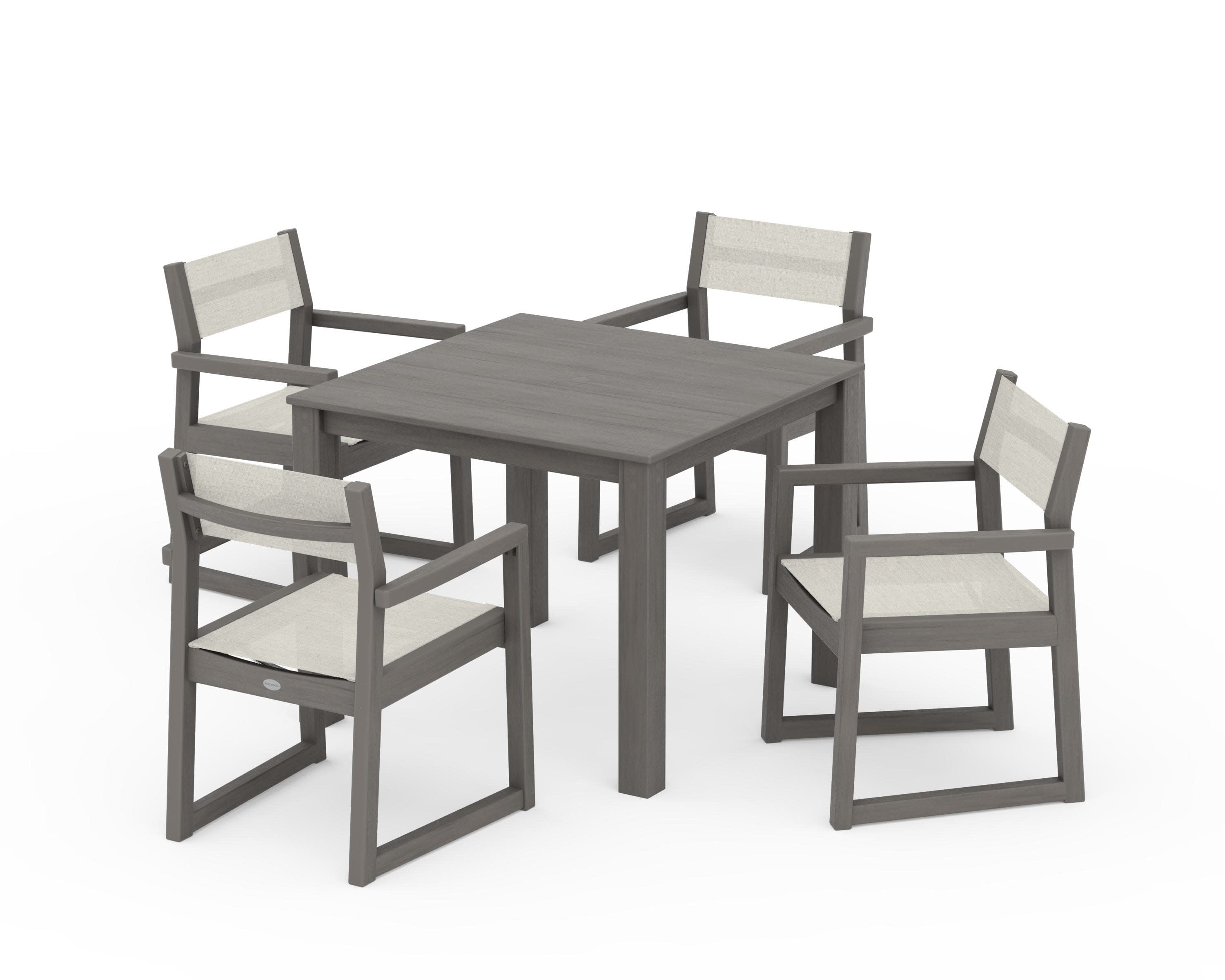 EDGE Sling Arm Chair 5-Piece Parsons Dining Set in Driftwood / Parchment Sling