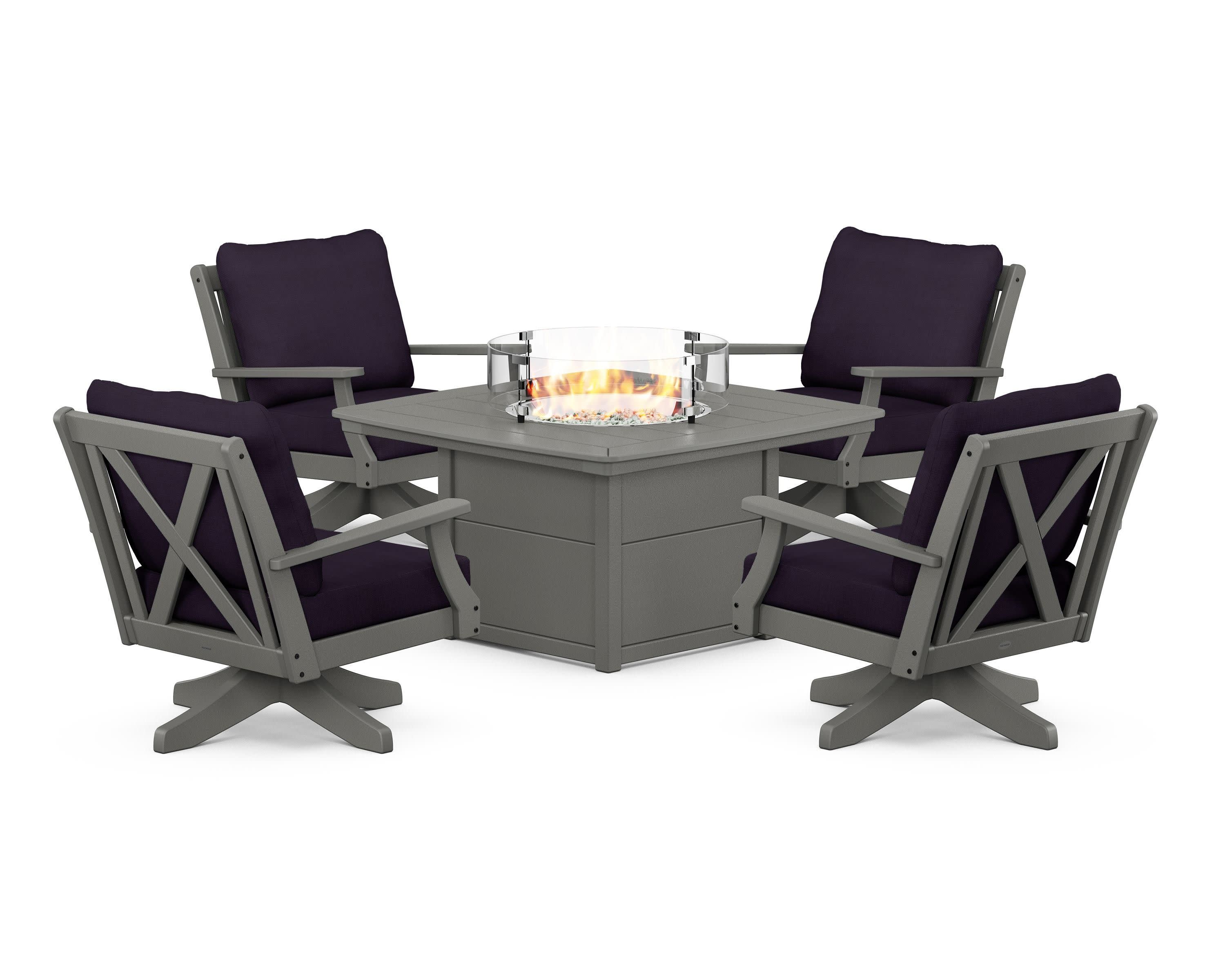 Braxton 5-Piece Deep Seating Swivel Conversation Set with Fire Pit Table in Slate Grey / Navy Linen