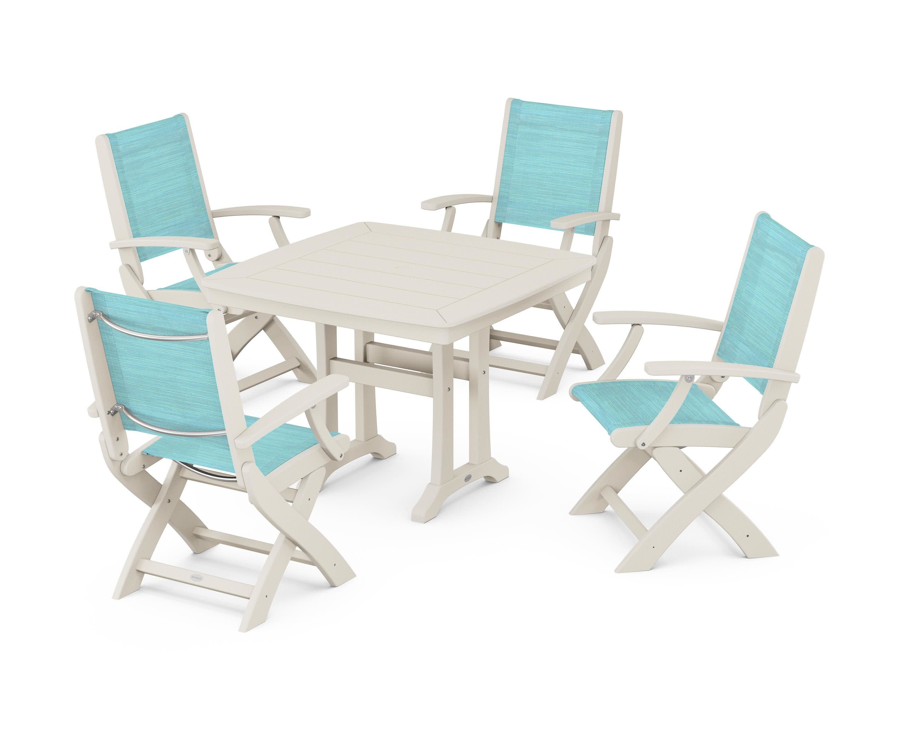 Coastal Folding Chair 5-Piece Dining Set with Trestle Legs in Sand / Dupioni Aquamarine Sling