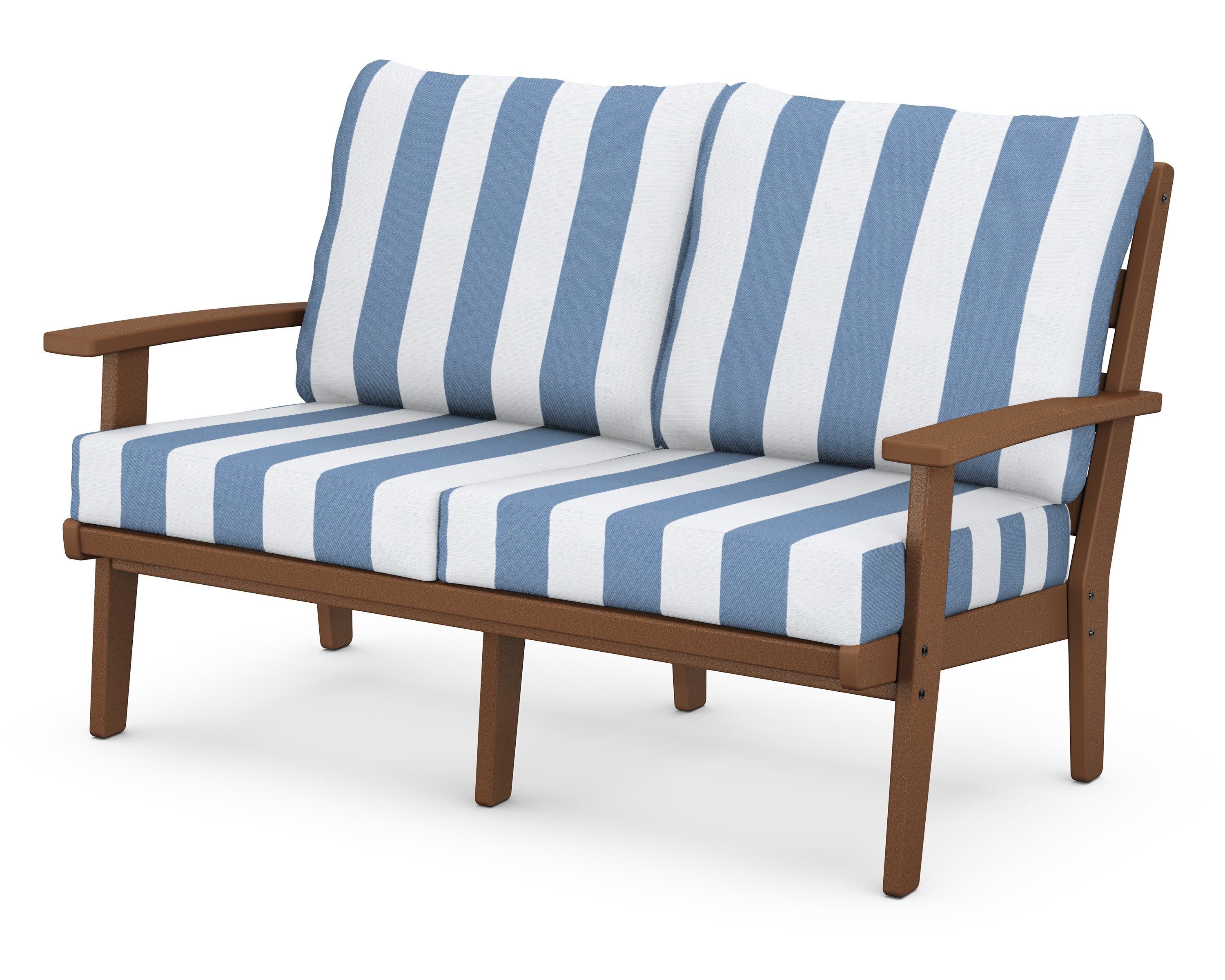 Grant Park Deep Seating Loveseat in Teak / Cabana Stripe Sky Blue