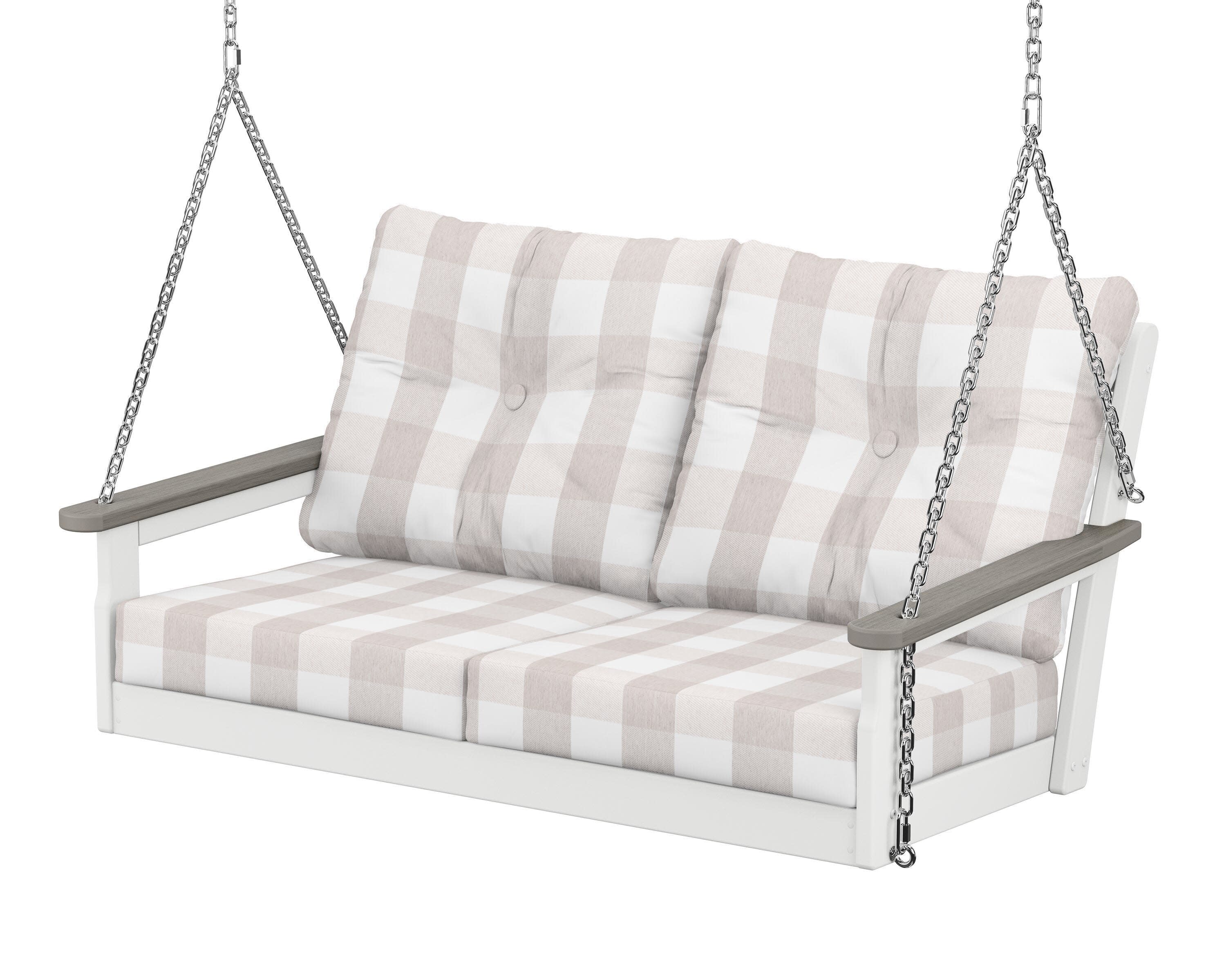 Vineyard Deep Seating Swing in White / Driftwood / Buffalo Plaid Dune Burlap