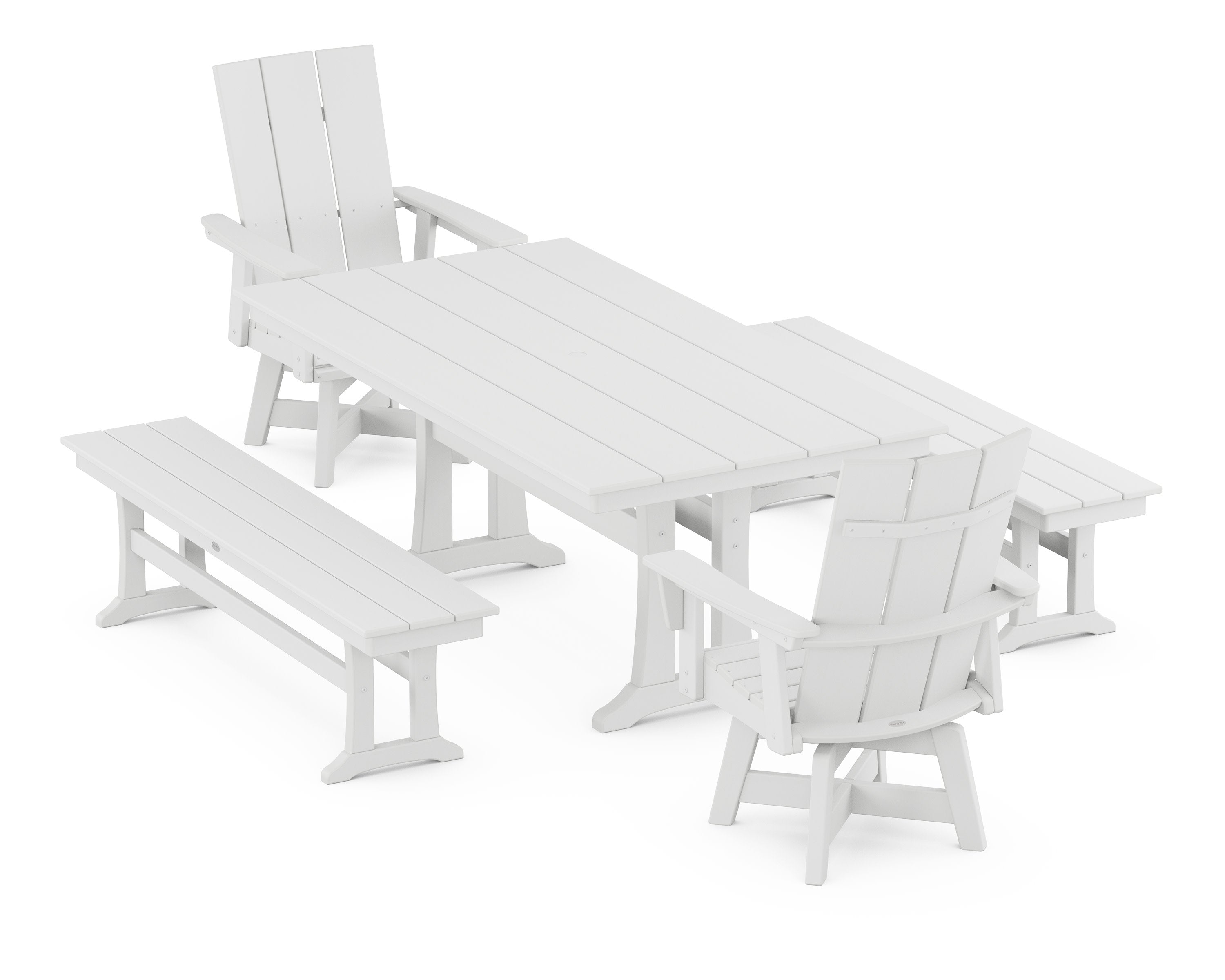 Modern Curveback Adirondack Swivel Chair 5-Piece Farmhouse Dining Set With Trestle Legs and Benches in White