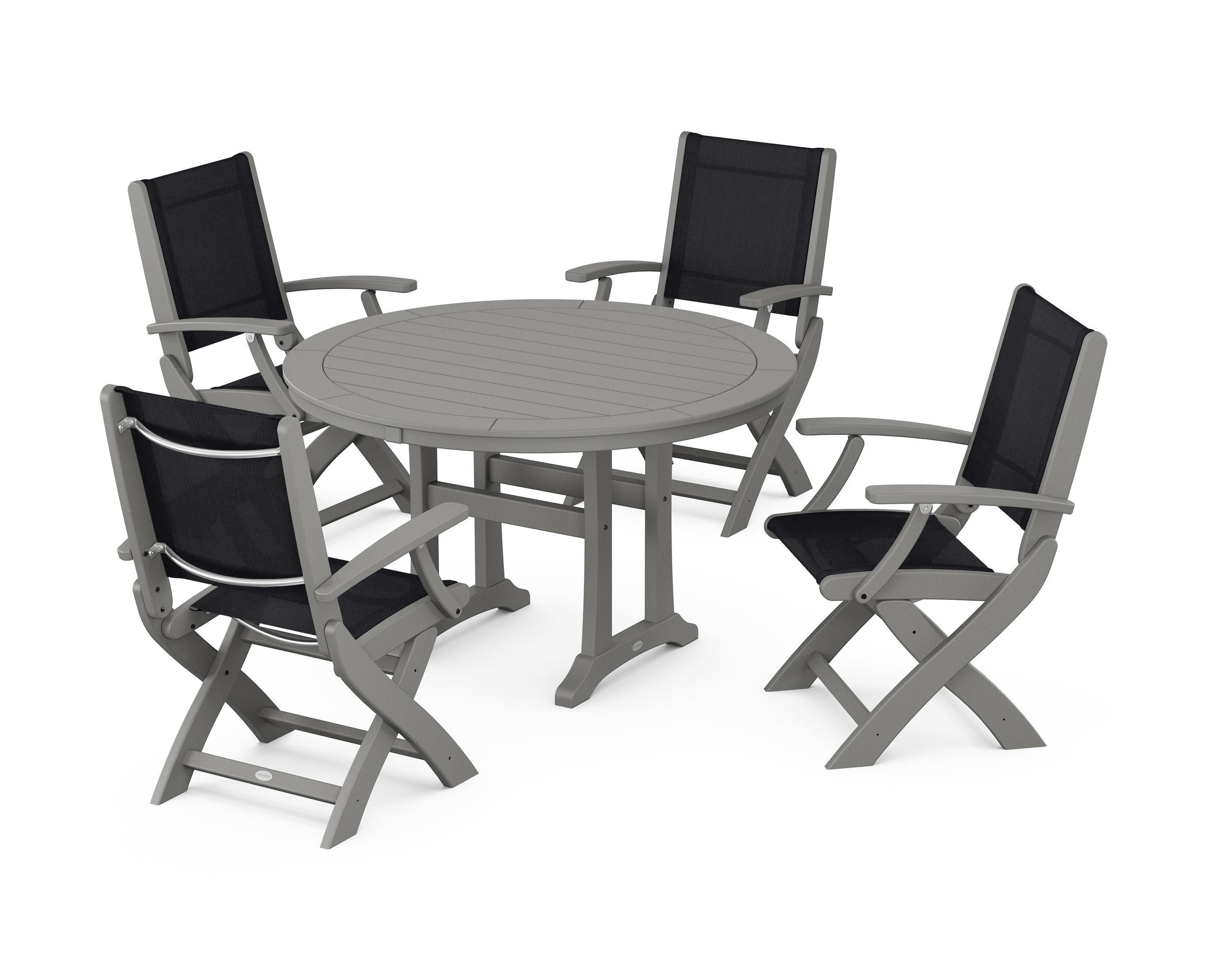 Coastal Folding Chair 5-Piece Round Dining Set with Trestle Legs in Slate Grey / Black Sling