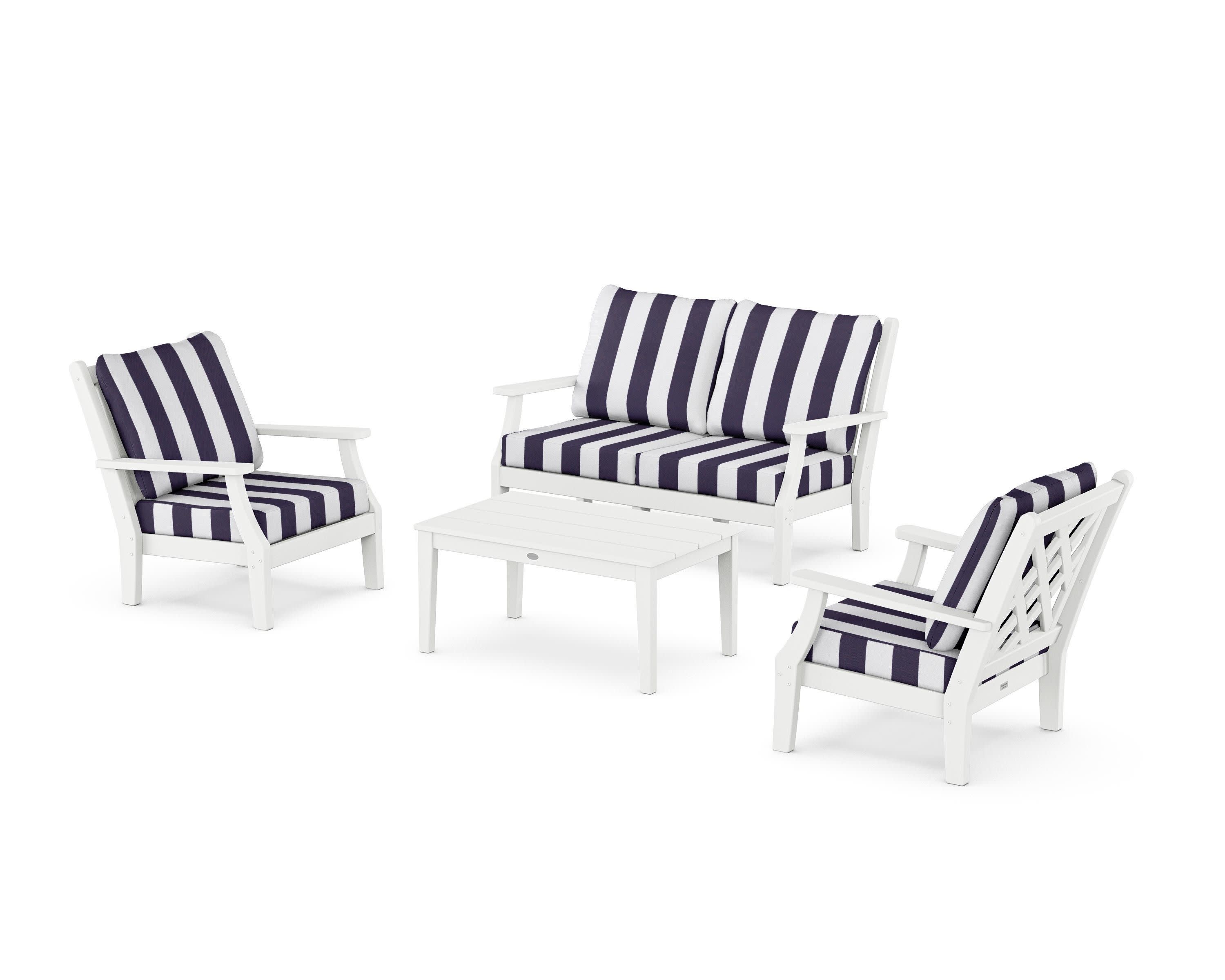 Wovendale 4-Piece Deep Seating Set with Loveseat in White / Cabana Stripe Navy