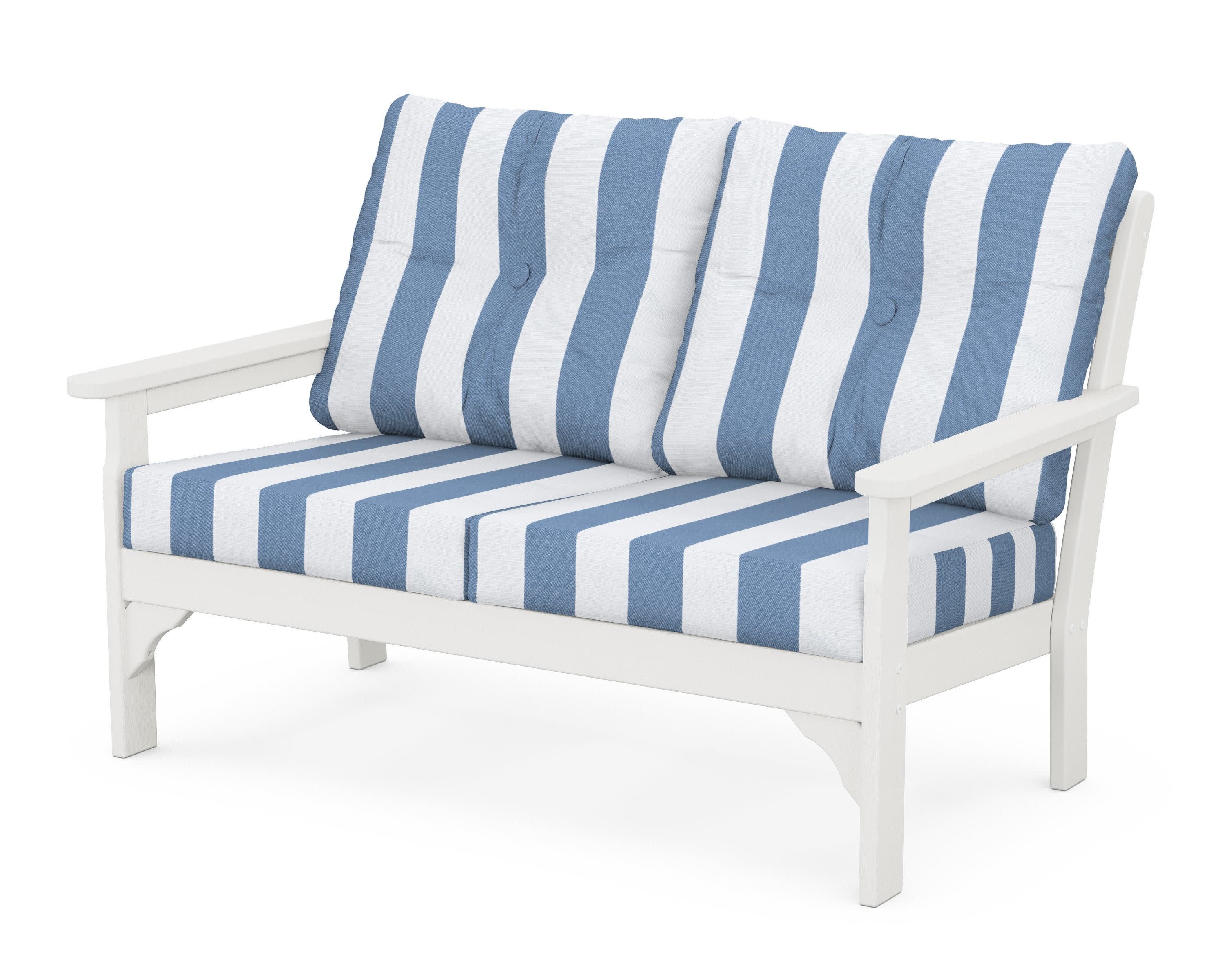 Vineyard Deep Seating Loveseat in Vintage White / Cabana Stripe Sky Blue