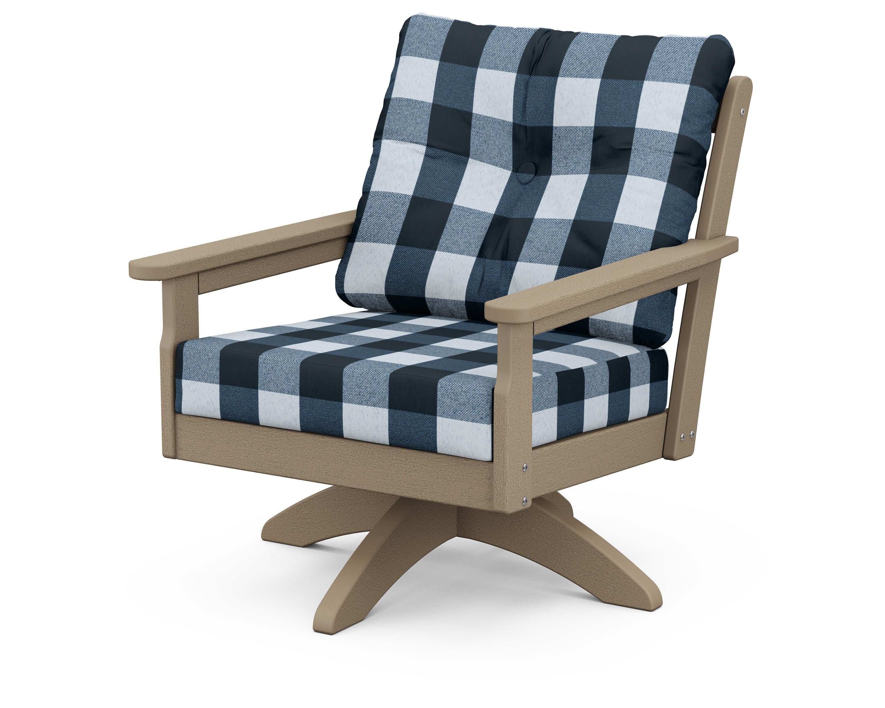 Vineyard Deep Seating Swivel Chair in Vintage Sahara / Buffalo Plaid Marine Indigo