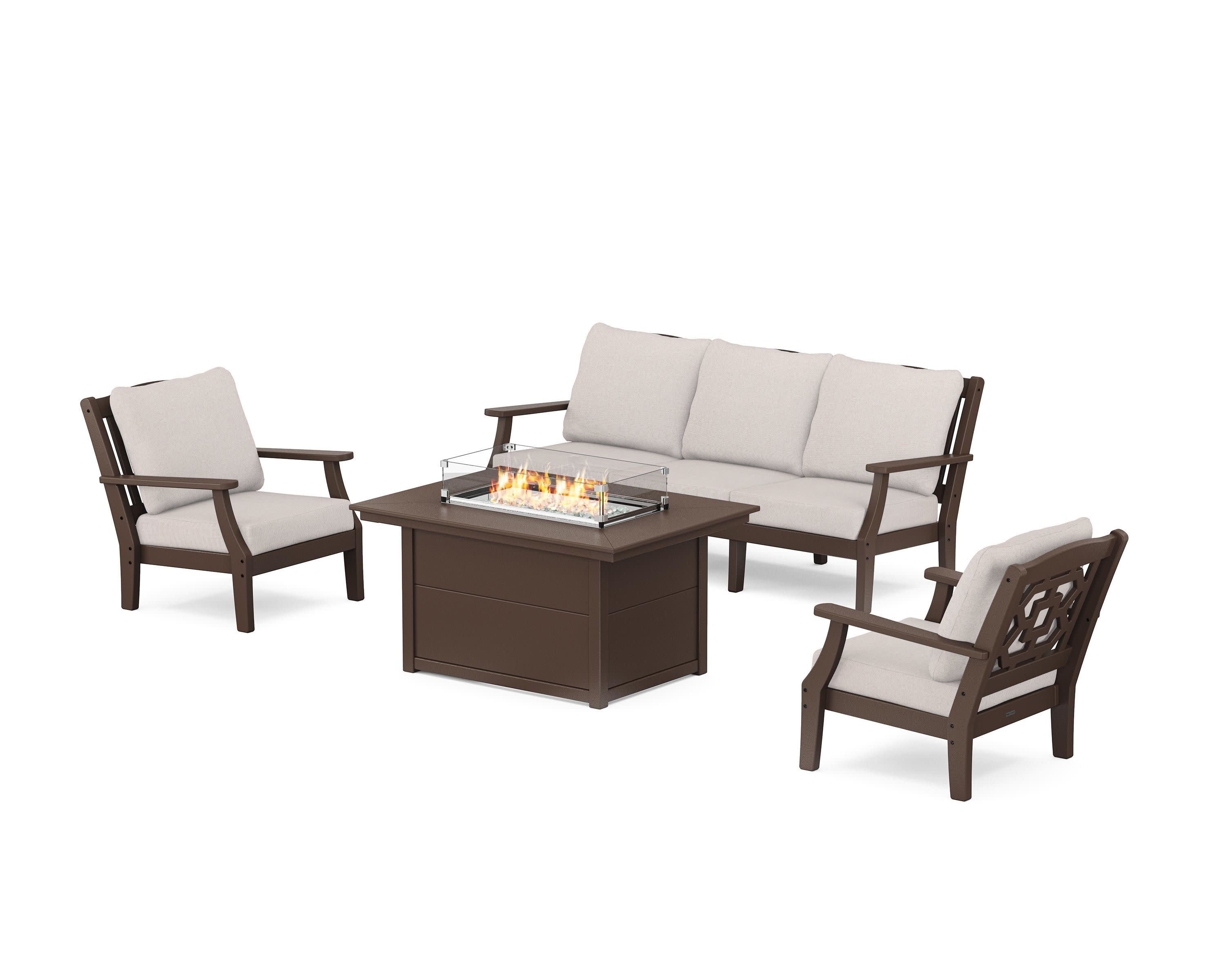 Chinoiserie Deep Seating Fire Pit Table Set in Mahogany / Dune Burlap