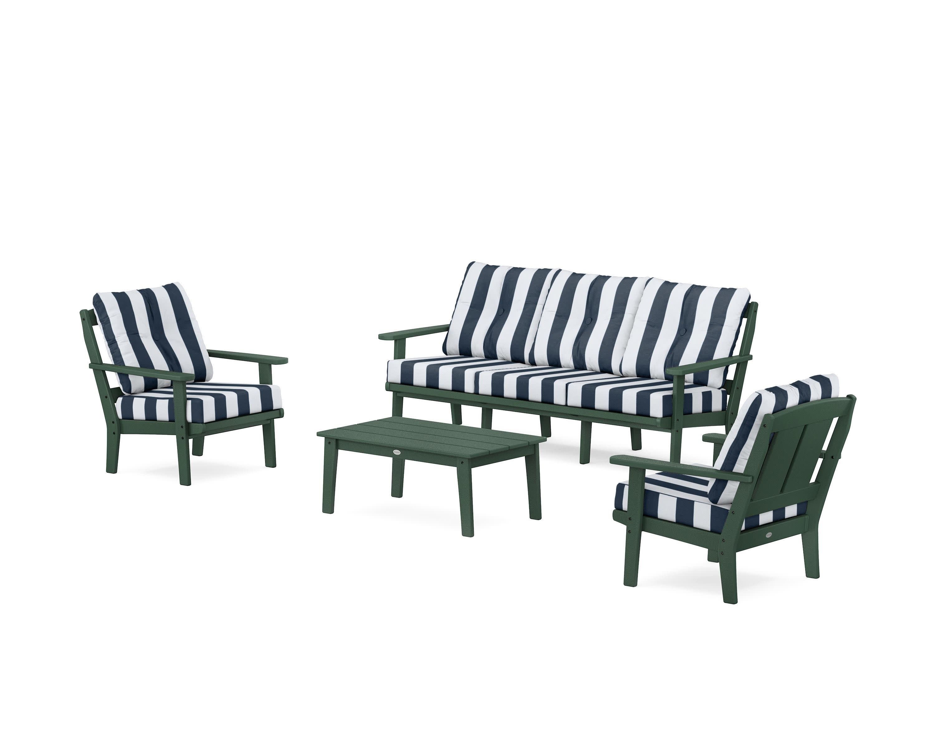 Mission 4-Piece Deep Seating Set with Sofa in Green / Cabana Stripe Marine Indigo