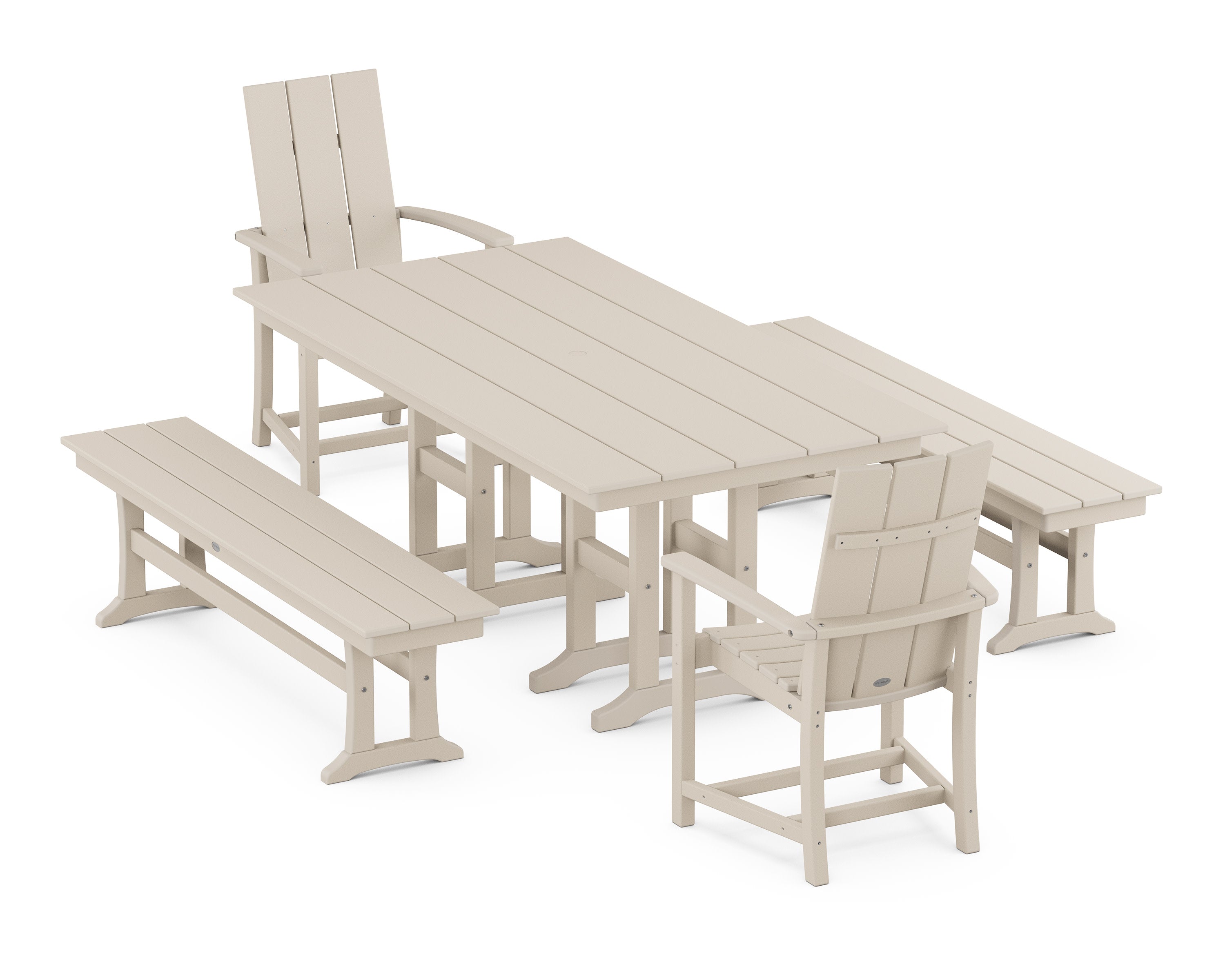 Modern Adirondack 5-Piece Farmhouse Dining Set with Benches in Sand
