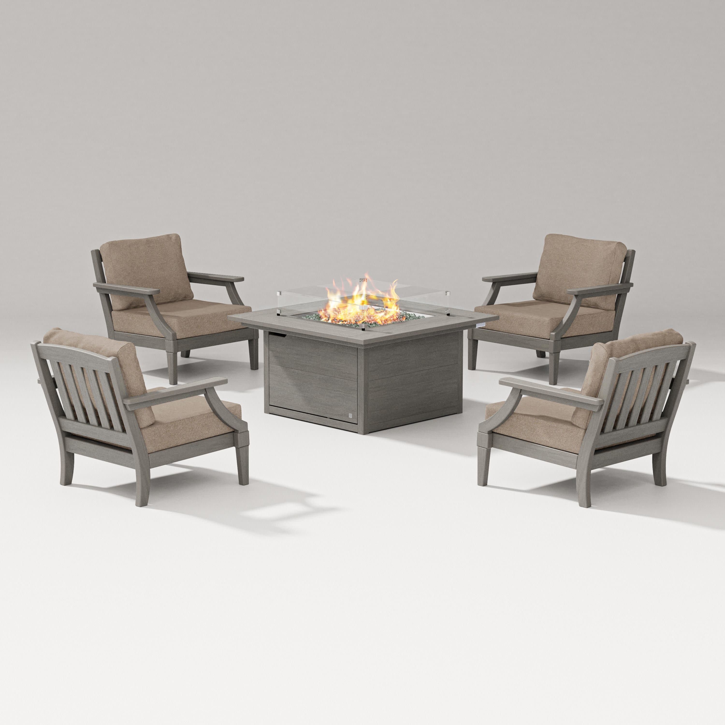 Estate 5-Piece Lounge Fire Table Set in Driftwood / Spiced Burlap