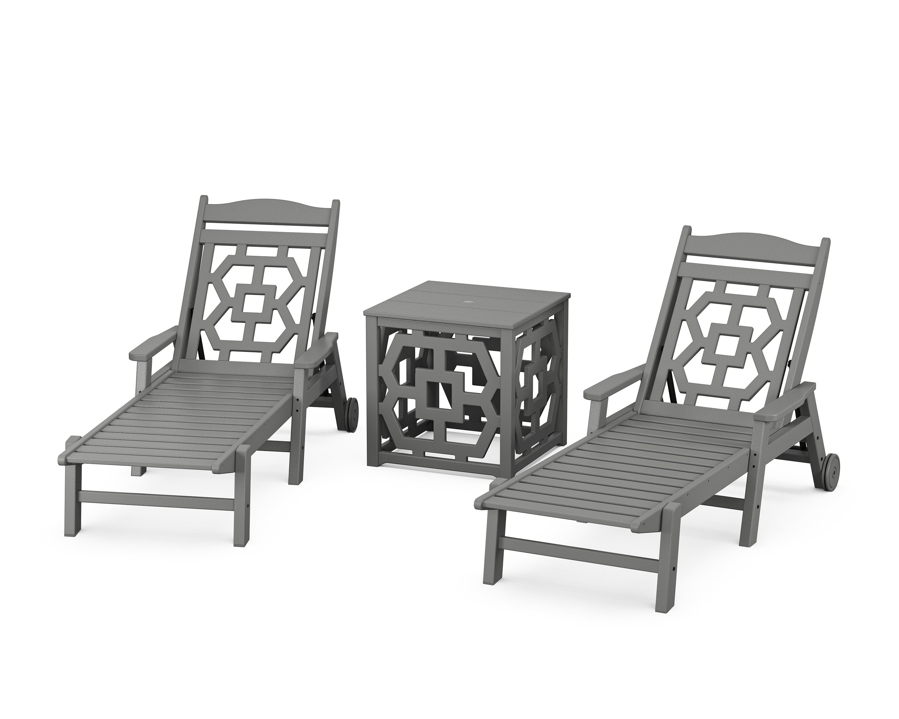 Chinoiserie 3-Piece Chaise Set with Umbrella Stand Accent Table in Slate Grey