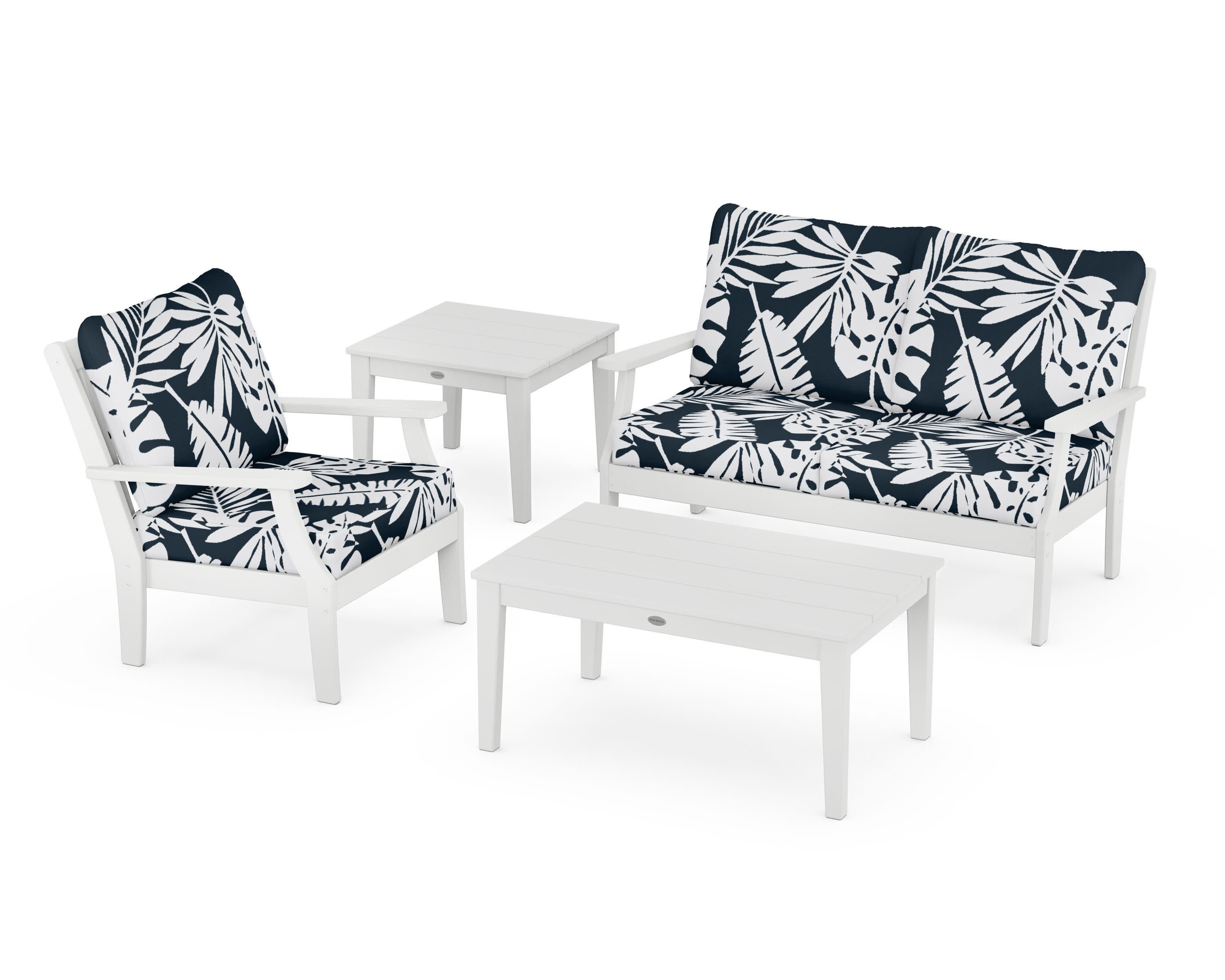 Braxton 4-Piece Deep Seating Set in White / Leaf Marine Indigo