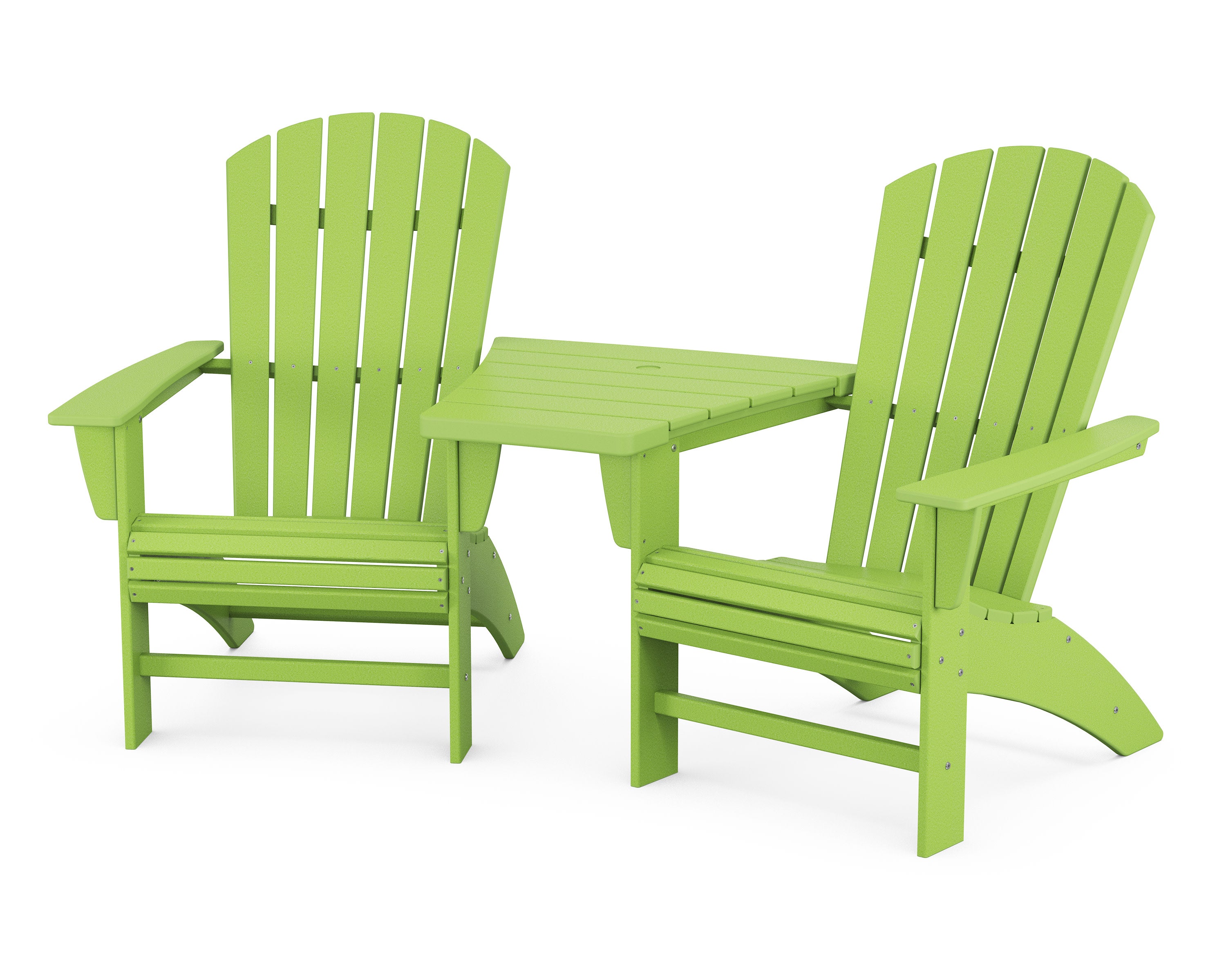 Nautical 3-Piece Curveback Adirondack Set with Angled Connecting Table in Lime