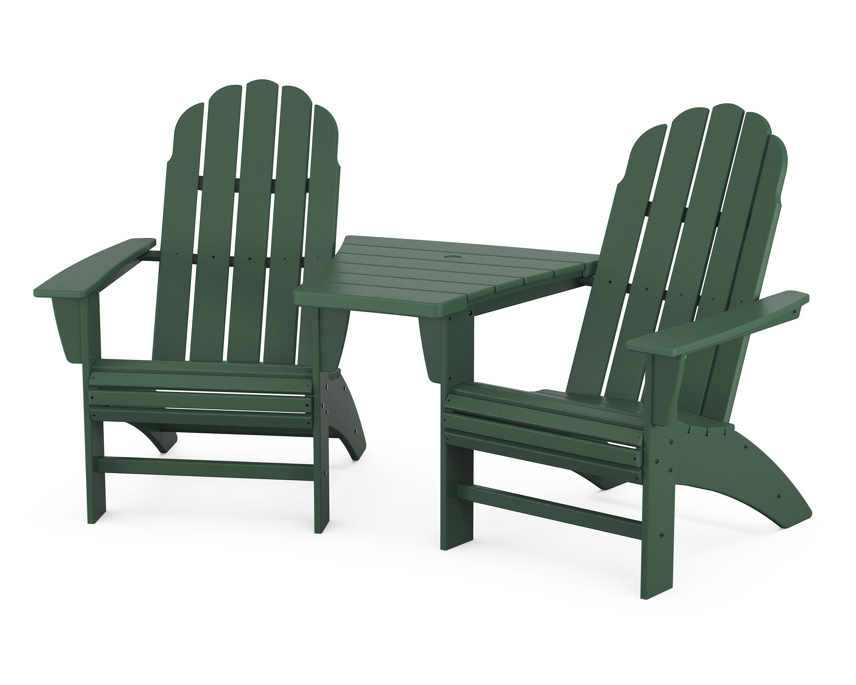 Vineyard 3-Piece Curveback Adirondack Set with Angled Connecting Table in Green