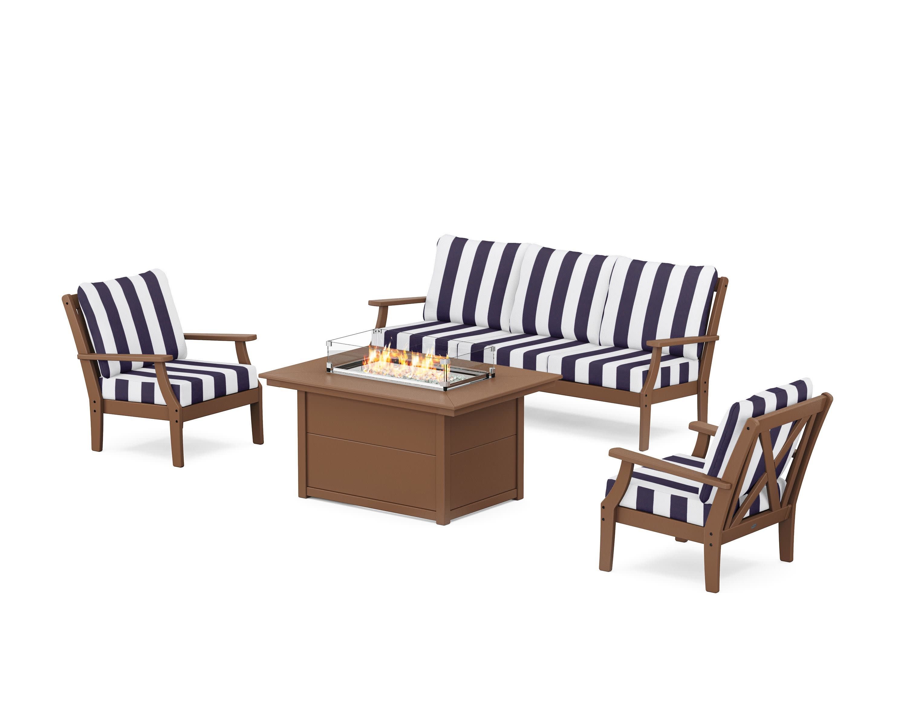 Braxton Deep Seating Fire Pit Table Set in Teak / Cabana Stripe Navy