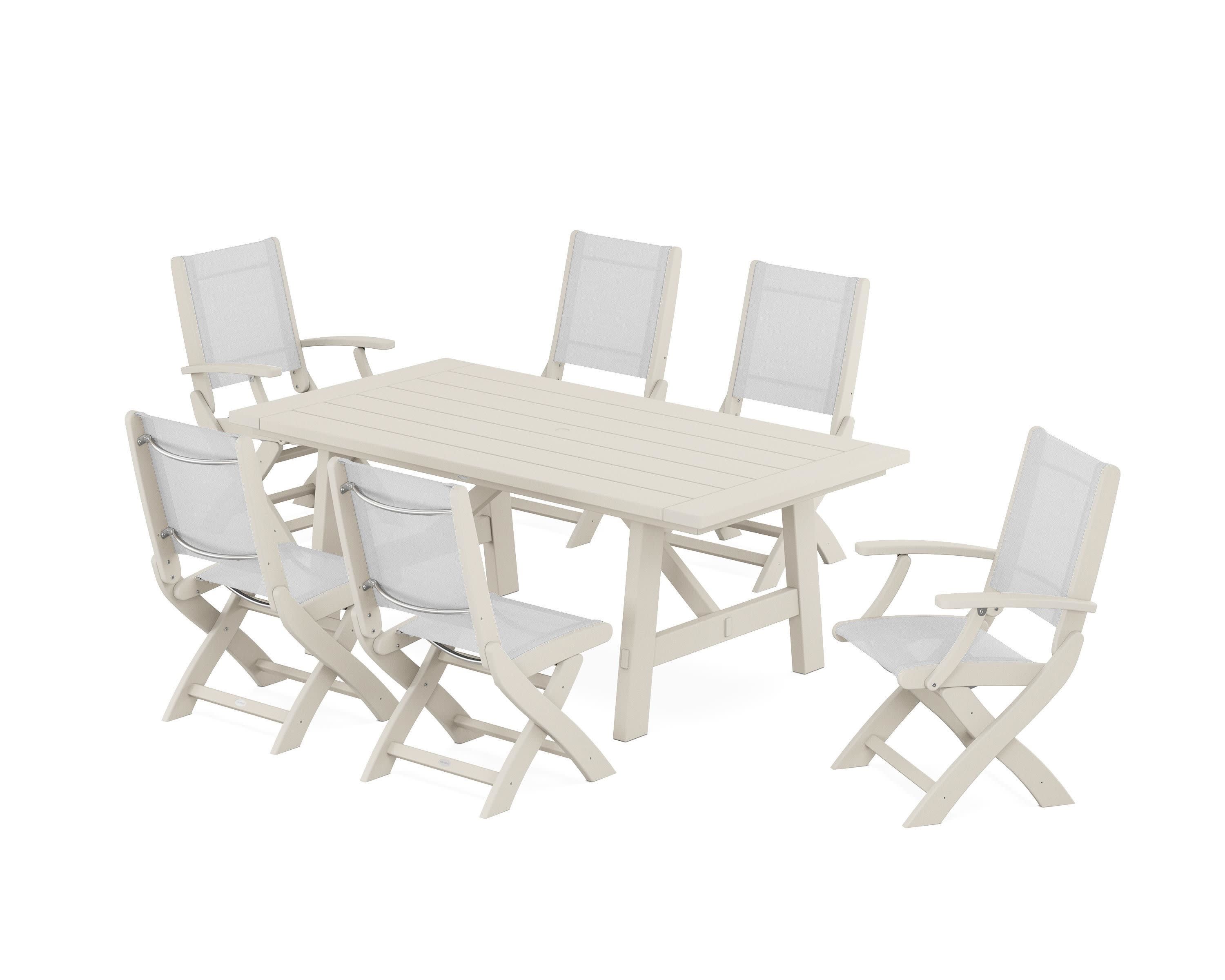 Coastal Folding Chair 7-Piece Rustic Farmhouse Dining Set in Sand / White Sling